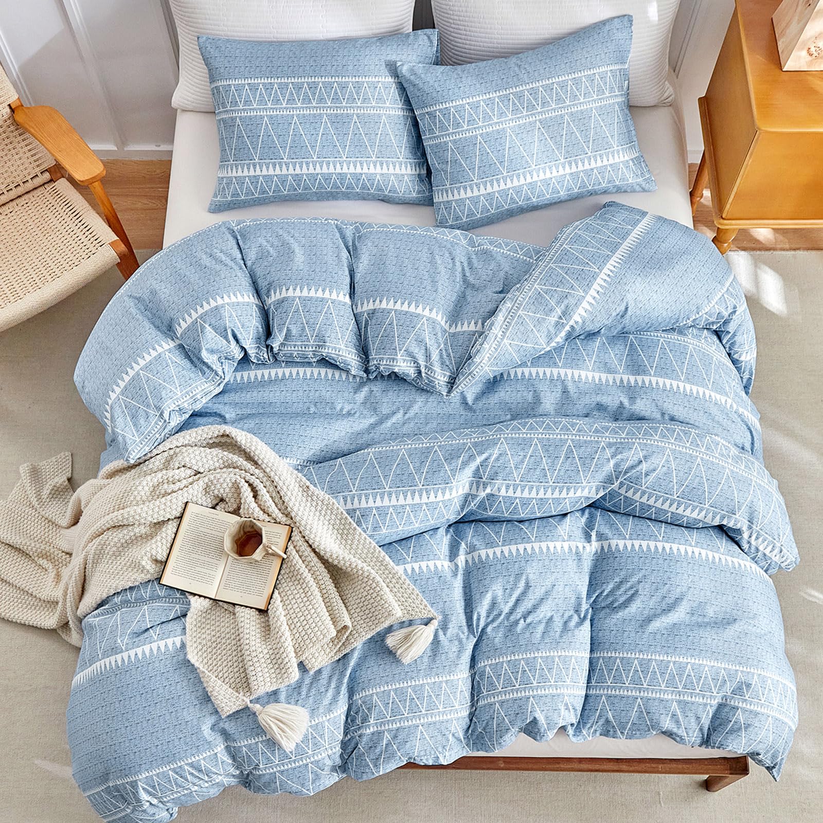Tokokimo Copripiumino Bohemien 240x260 Cm – Set 3 Pezzi In Microfibra Blu, Con 2 Federe 65x65 Cm, Cerniera E Nastri Interni Per Fermare Il Piumino