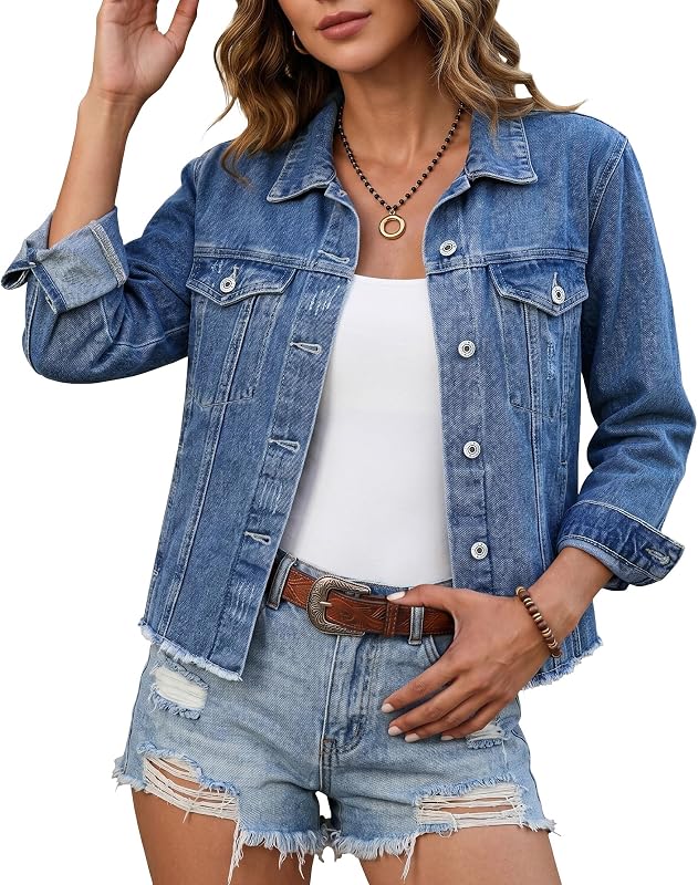 Denim Jacket for Women Distressed Jean Jackets Button Up Vintage Western Trucker Jacket Frayed Hem Pockets