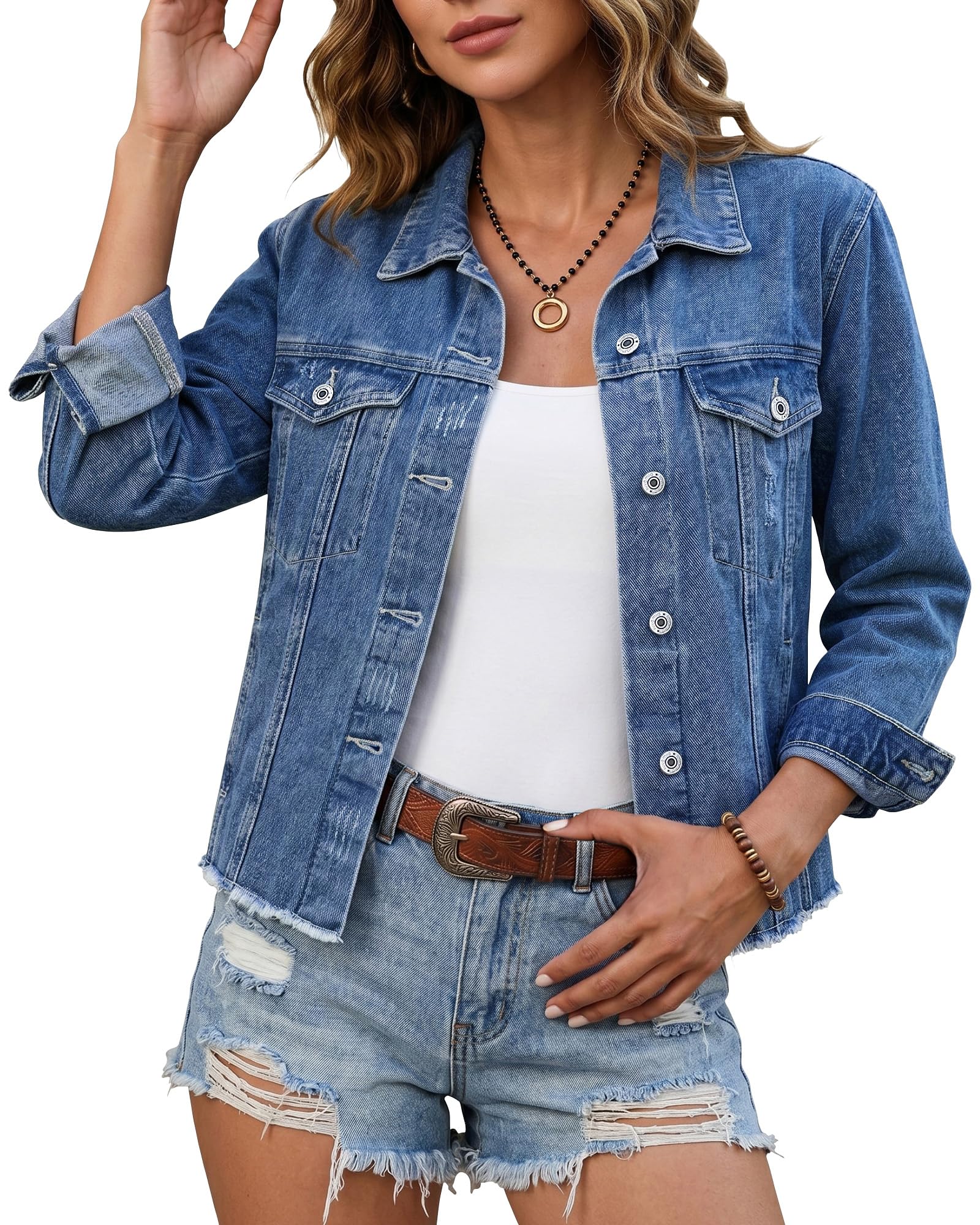 luvamia Denim Jacket for Women Distressed Jean Jackets Button Up Vintage Western Trucker Jacket Frayed Hem Pockets