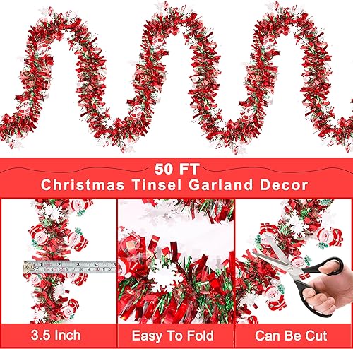 Miniatura 3 de Guirnalda de oropel de Navidad roja y verde de 50 pies con adornos de copo de nieve de Papá Noel, guirnalda metálica de Navidad para decoración de