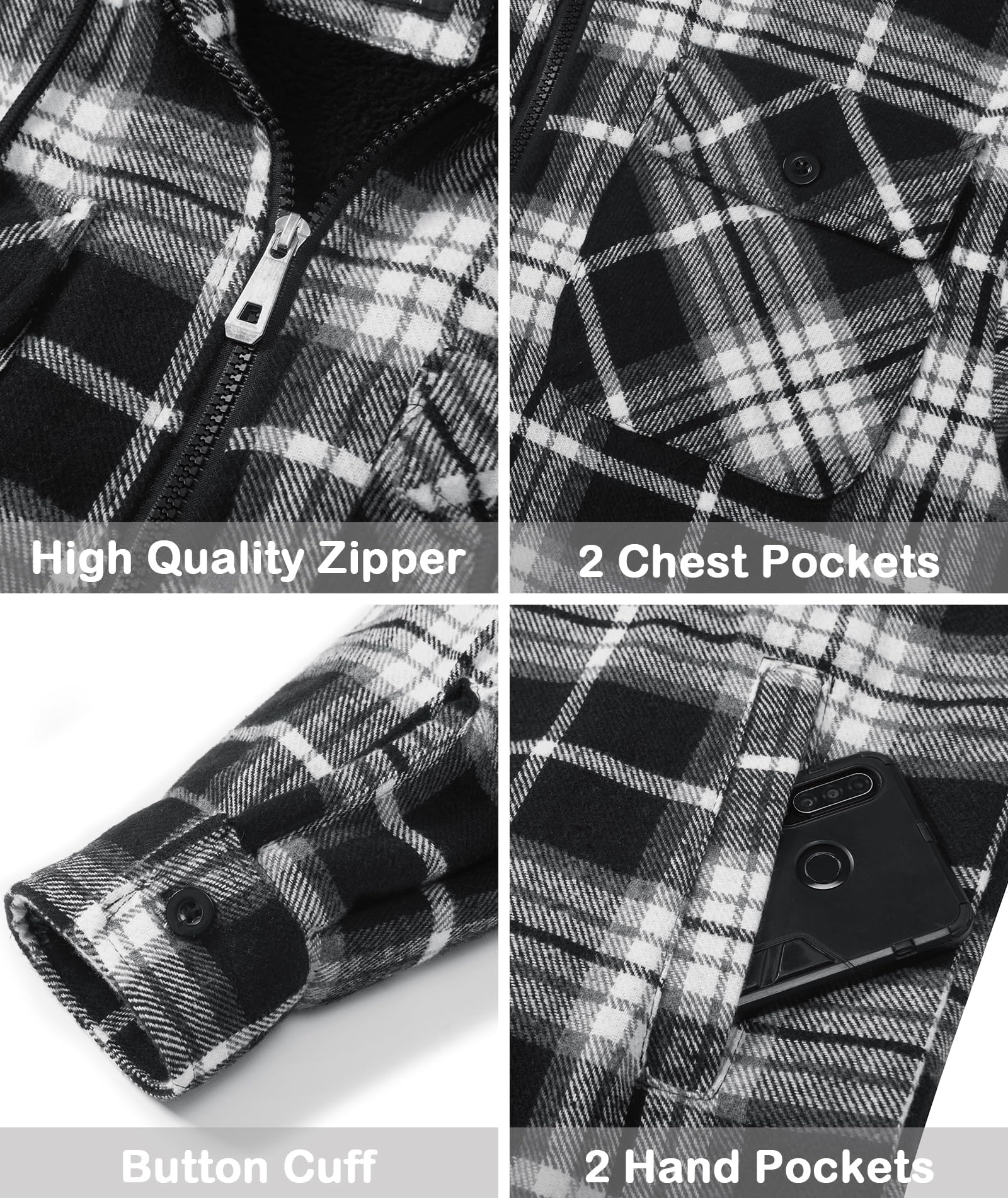SCODI Giacca da uomo in flanella Sherpa foderata con cappuccio con zip in pile plaid camicia giacche invernali cappotto esterno caldo capispalla, nero, XX-Large