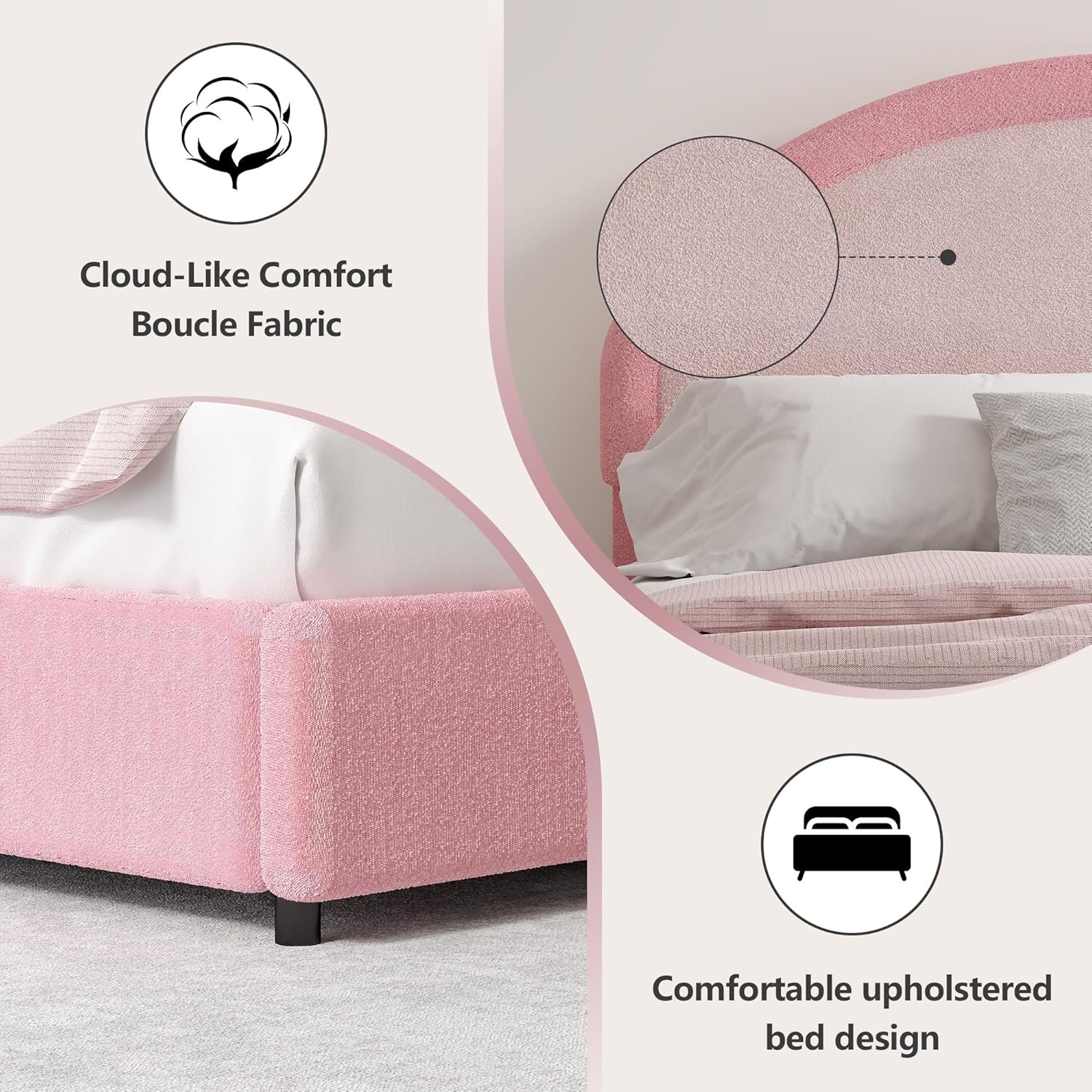 REVOMINCA Queen Bed Frame, Boucle Upholstered Platform Bed Frame with Headboard, Pink Bed Frame, Soft Rounded Corners, No Box Spring Required, Easy Assembly