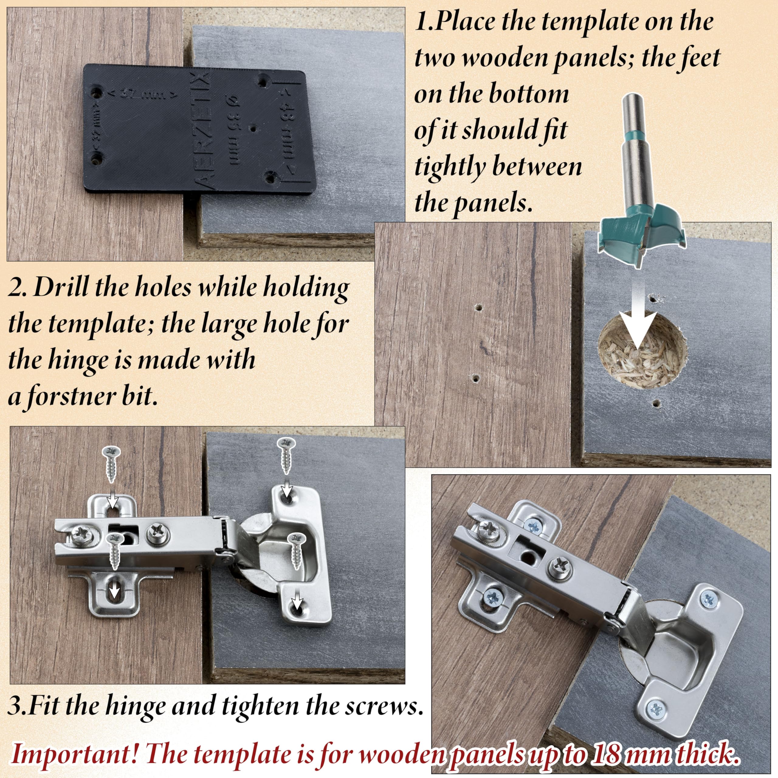 AERZETIX - Kit de 12 charnières invisibles à demi-recouvrement 110° avec gabarit de perçage Ø35 mm + foret à bois Ø35 mm + mèche à bois Ø 2.5 mm + 50 vis Ø3.5x16 et embout 1/4 PZ2
