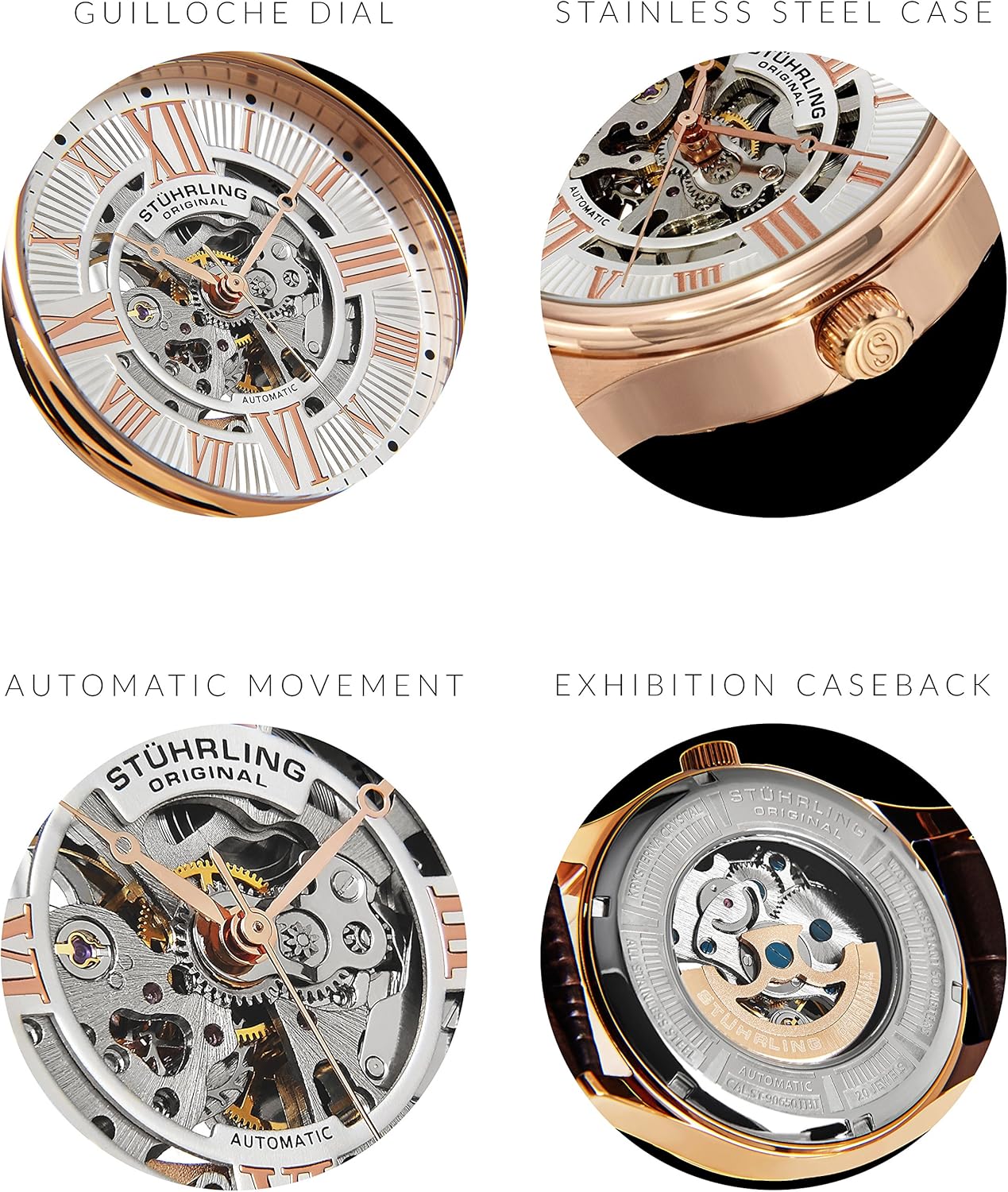 Miniatura 2 de Stuhrling Original Reloj de vestir mecánico automático con esqueleto atrio para hombre, con correa de cuero de primera calidad (rosa marrón),