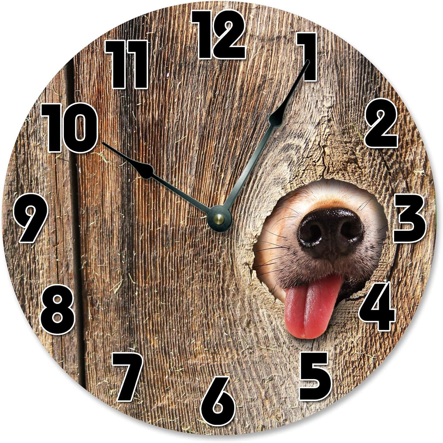 Dog Fence Silent Non Ticking Round Battery Operated Handmade Hanging Large 10 Inch Wall Clock for Bedroom Office Cottage Decoration