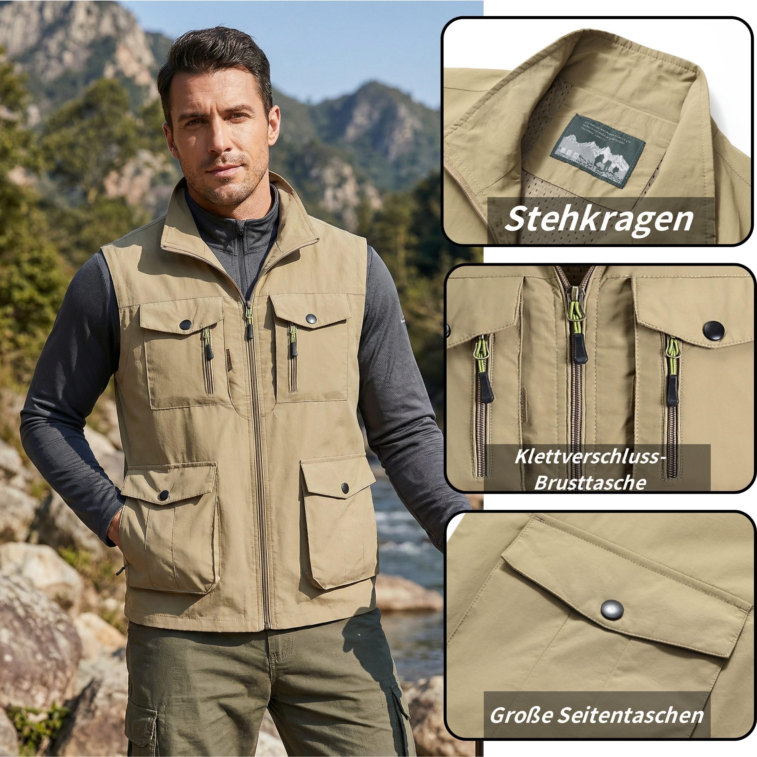 Herren Outdoor Weste mit Vielen Taschen Schnelltrocknende Freizeitweste Leicht Anglerweste Sommer Atmungsaktiv Ärmellose Jacke Sport Multifunktionsweste Camping Fotografie Weste