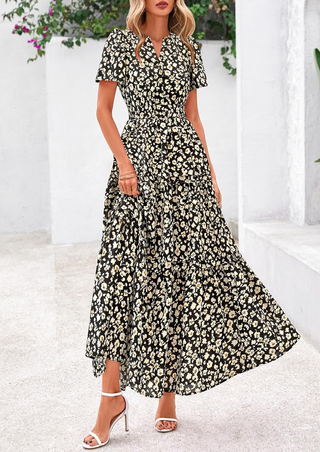 PRETTYGARDEN Women's 2026 Summer Boho Maxi Dresses Floral Short Sleeve V Neck A Line Tiered Flowy Long Beach Vacation Dress - Image 4