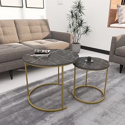 DECOWORLD Coffee Table (Grey Marble Finish Top with Golden Legs)
