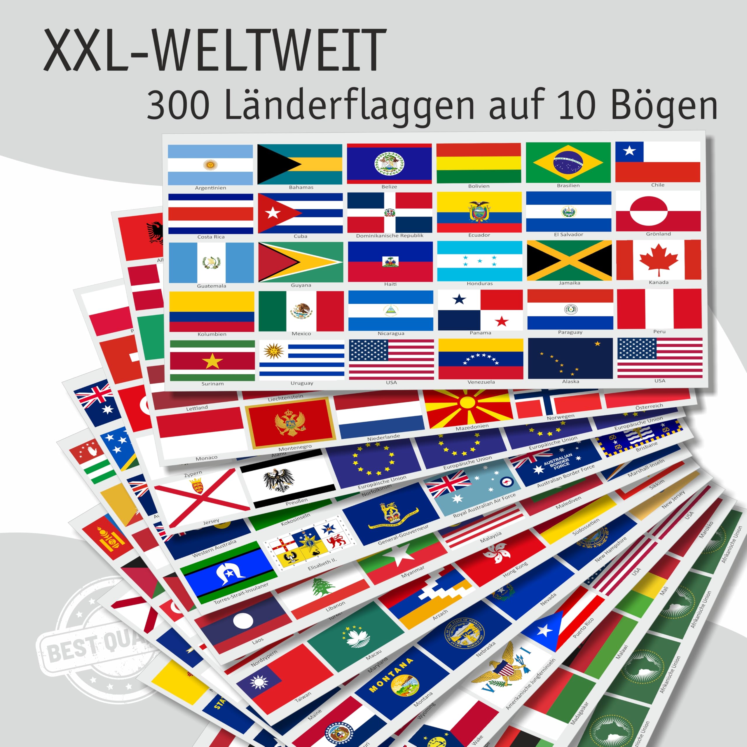 Juego de pegatinas de banderas de países XXL Mundo 300 pegatinas Banderas de países 10 hojas Resistente a los rayos UV Impermeable Tamaño 5 x 3 cm, 5 x 3,3 cm para modelismo, maleta