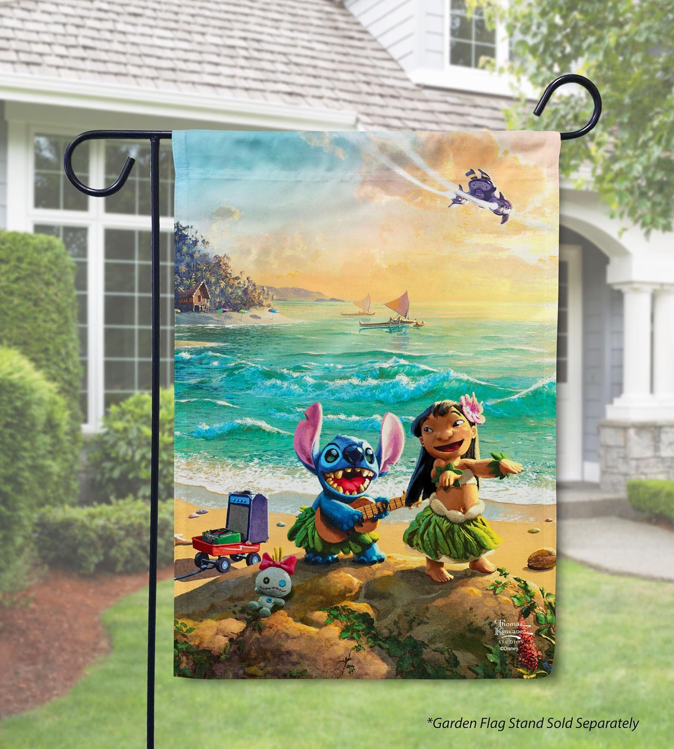 Flagology, Thomas Kinkade Disney Lilo and Stich Garden Flag 12" x 18", Outdoor Flag, Outdoor Décor Yard Flag, Exclusive Premium Fabric, Officially Licensed Thomas Kinkade, Summer, Coastal