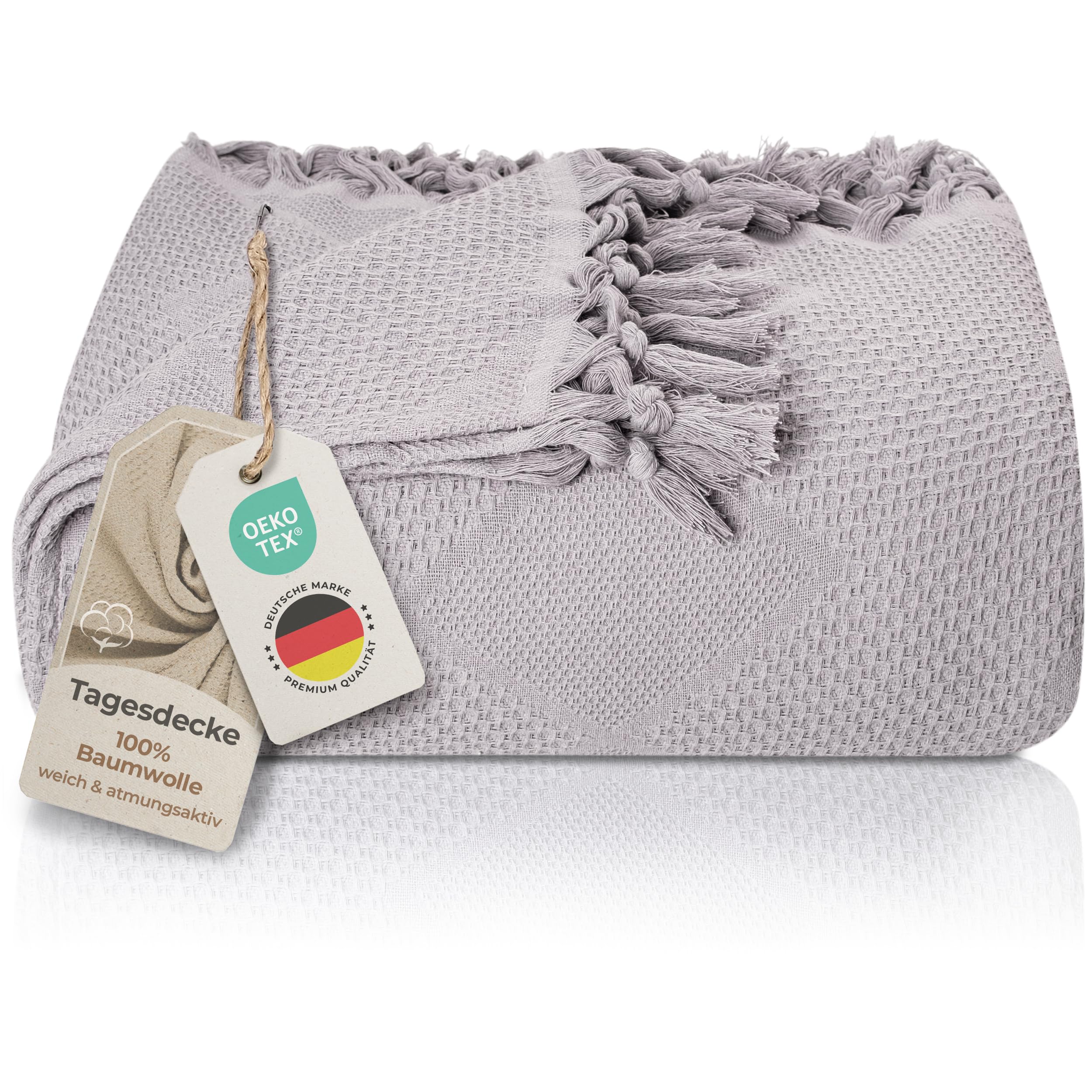 Premium sprei met handgeknoopte franjes, 100% katoen, 180 x 220 cm, wafelpiqué