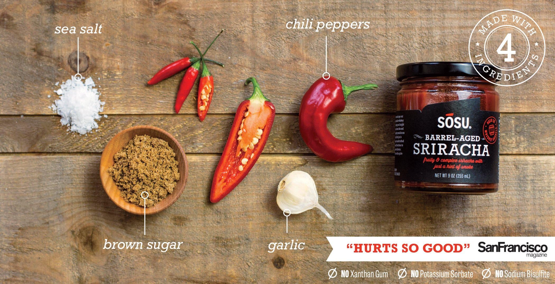 Sosu Barrel-Aged Sriracha - 9 oz jar of naturally fermented sriracha sauce aged in whiskey barrels with four simple ingredients, non-GMO