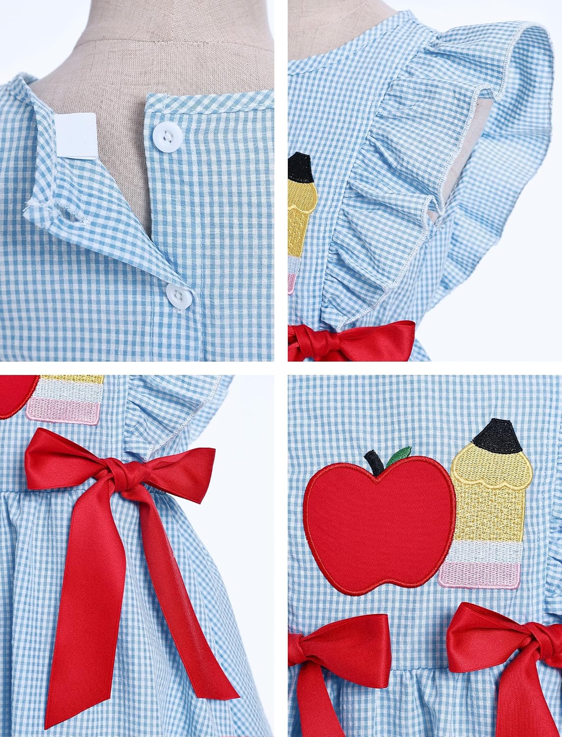 Kids Girls Back to School Dress, Toddler First Day of School Outfit Apple Pencil Embroidered Kindergarten Dress 3T-8T