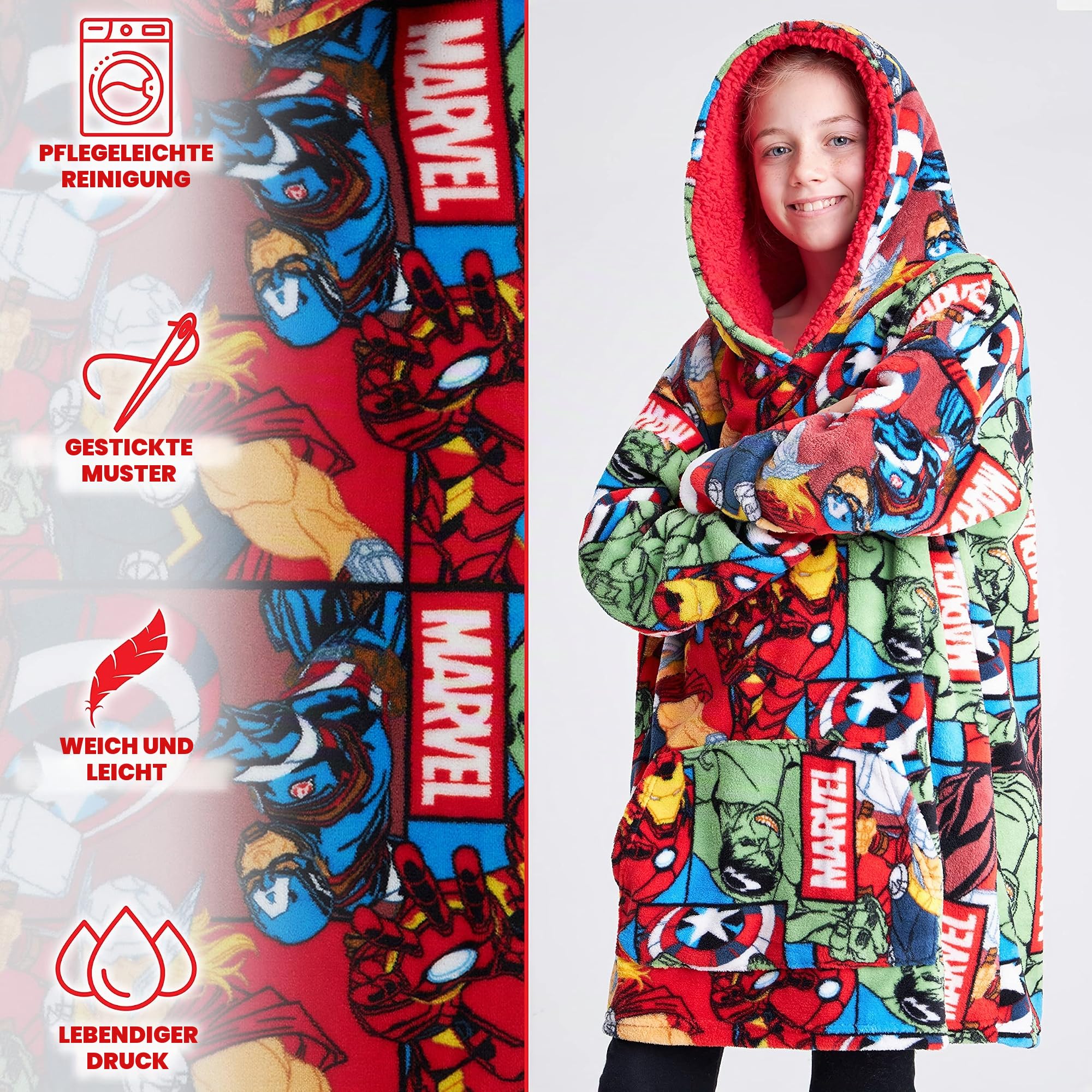 Marvel Oversize Hoodie Decke mit Ärmeln Pullover Jungen Warme Tragbare Kuscheldecke Kapuzenpullover Kinder und Teenager