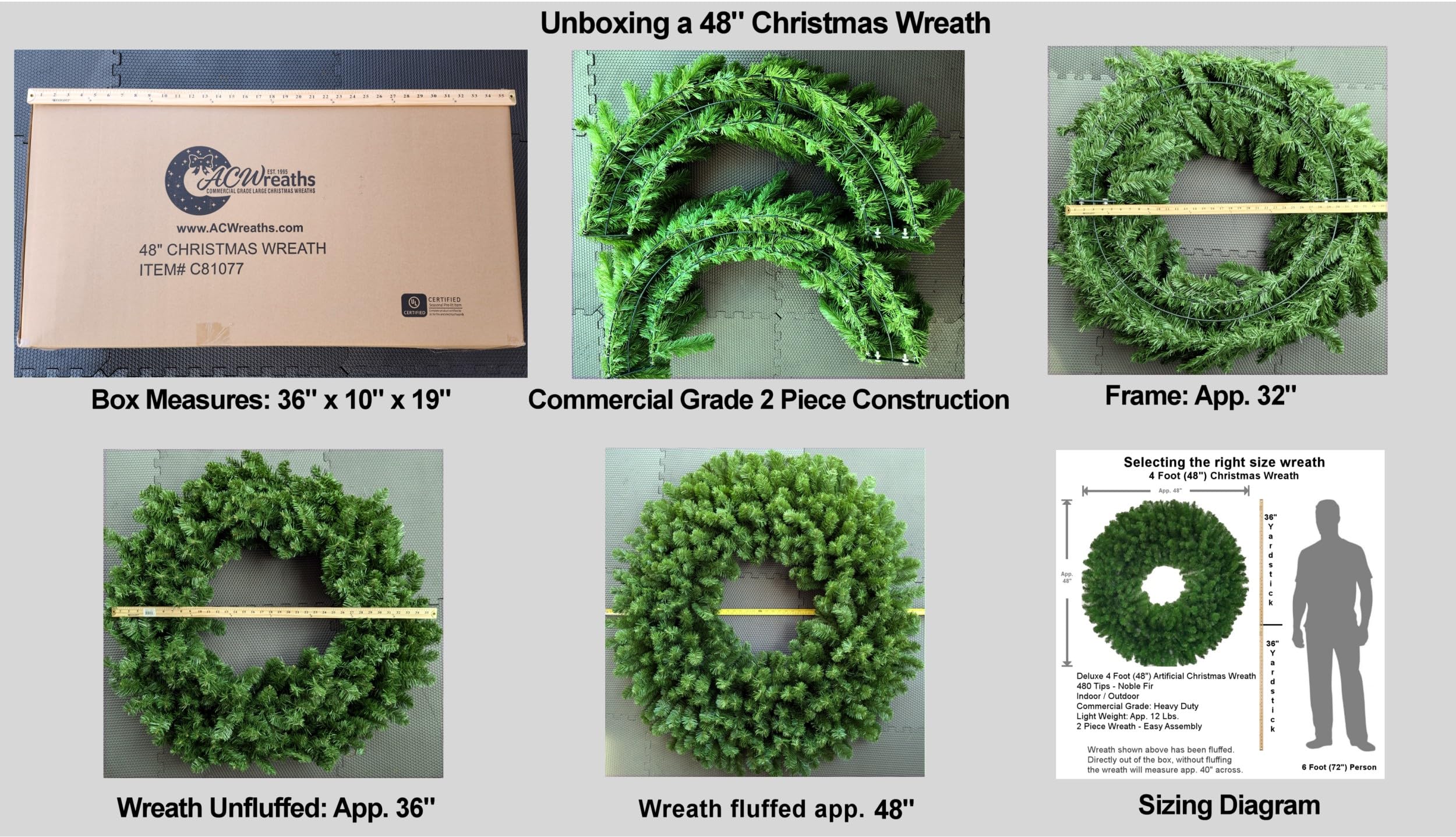 4 Foot Incandescent Christmas Wreath - 48 inch - 200 UL Certified Lights - Indoor - Outdoor - ACWreaths