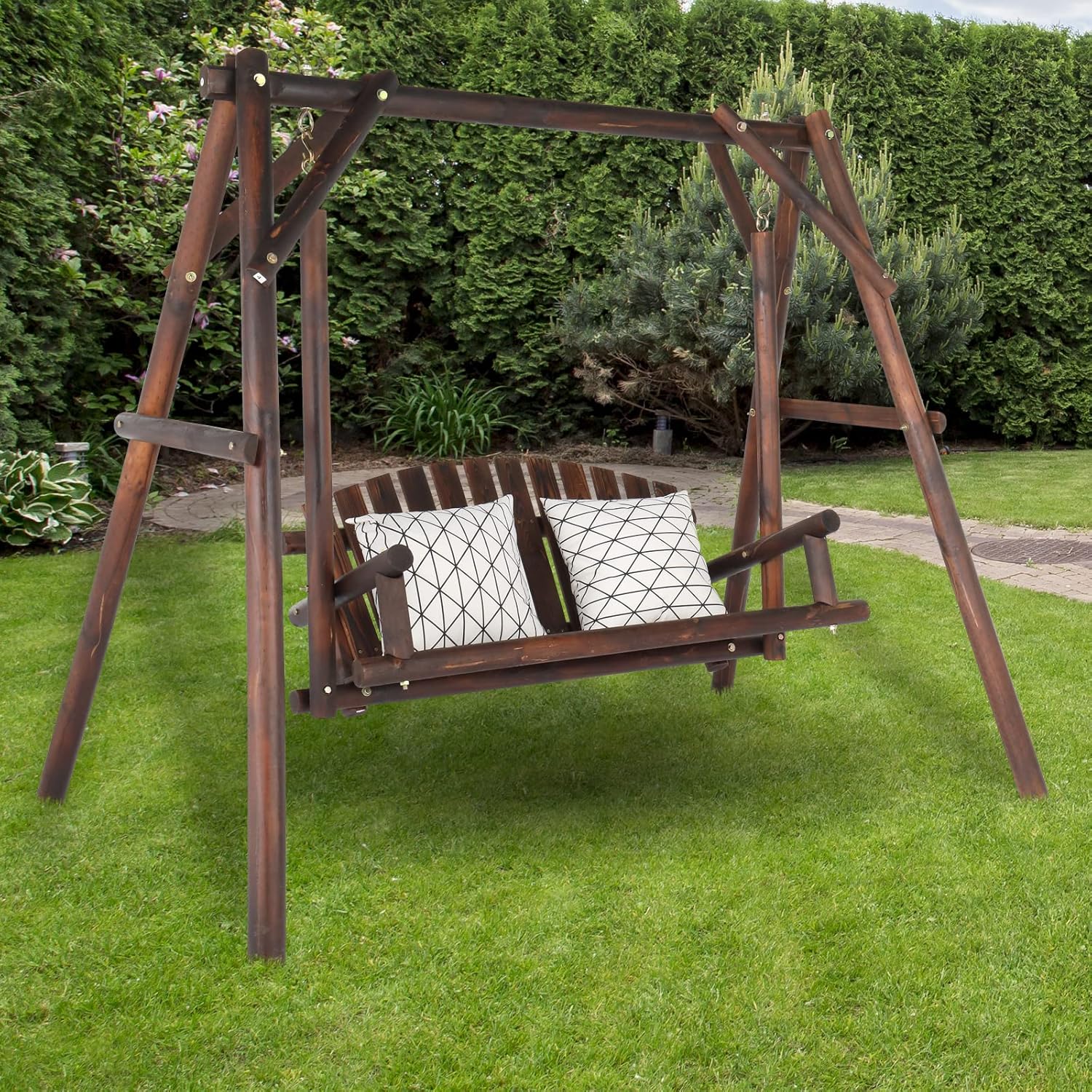 VINGLI Heavy Duty 880 LBS Wooden Patio Porch Swing with A-Frame Stand, Hanging Swing Bench Chair with Frame for Outside, Yard, Garden (Rustic Sequoia Dusk)