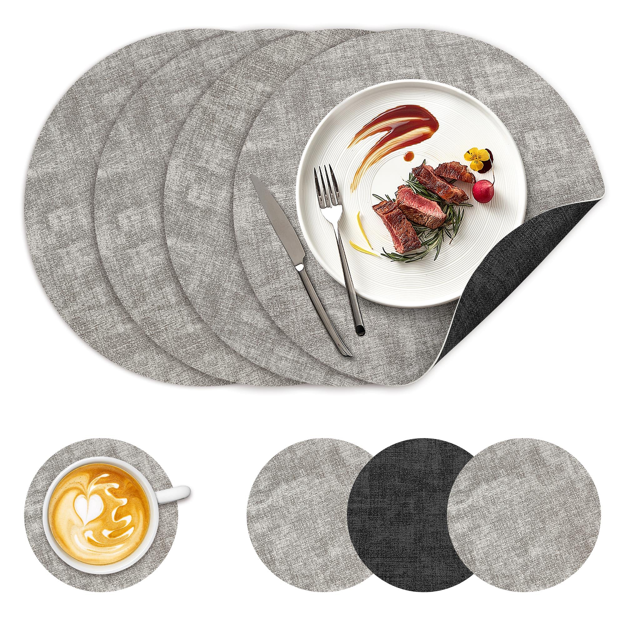 NCUE 13" Faux Leather Round Placemats Set of 4, Reversible Dual-Color