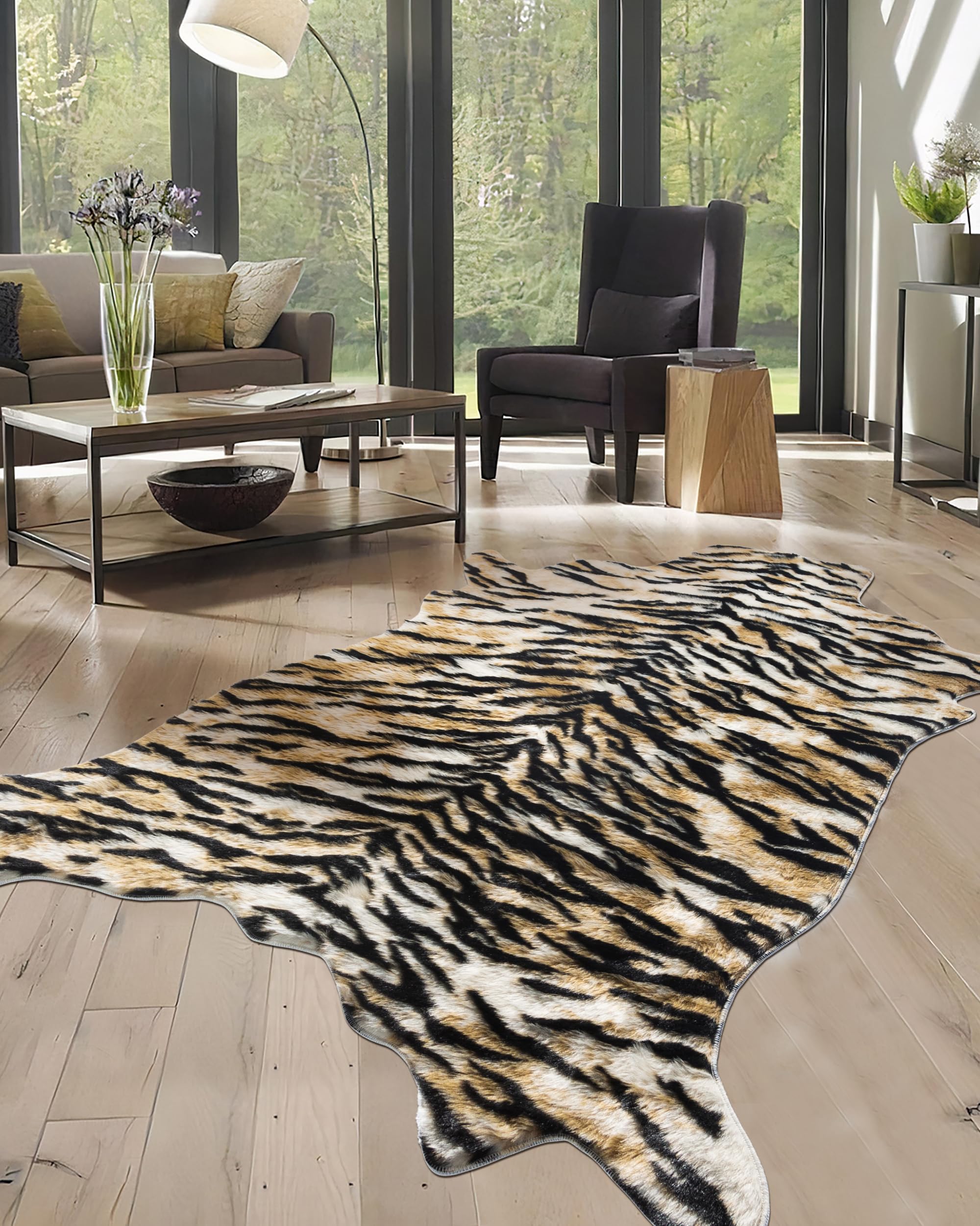 WARM HAVEN Tiger Print Rug, Animal Rug 5.2x7 Faux Animal Print Tiger Area Rug for Bedroom Animal Fur Hide Irregular Shaped Cream and Black