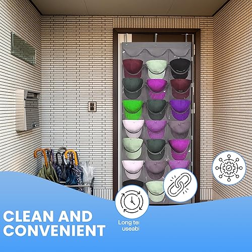 Miniatura 5 de Perchero para sombreros, organizador para pared o puerta, 24 bolsillos profundos transparentes, almacenamiento para gorras de béisbol, ganchos