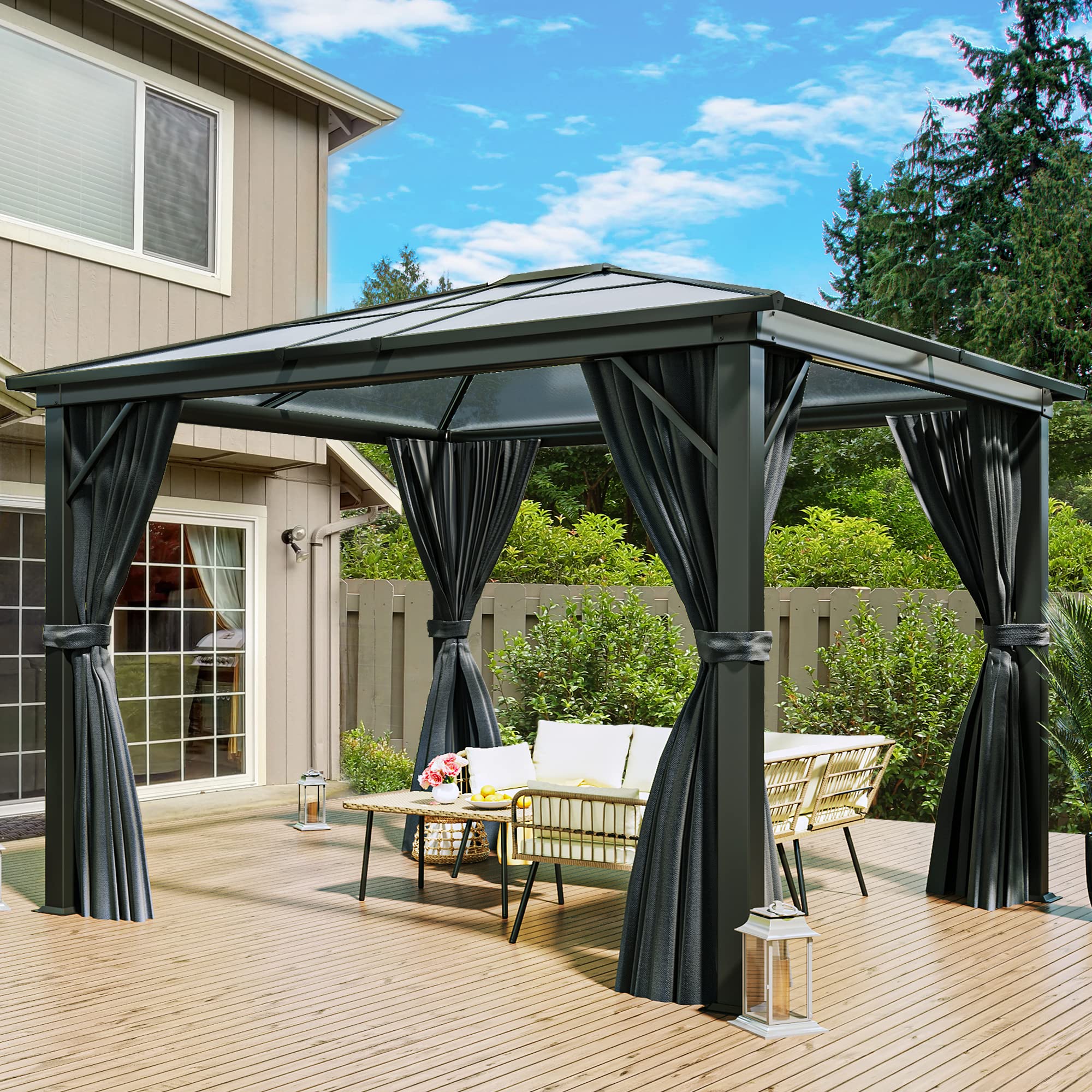 [10X12FT] Alora Hardtop Gazebo Canopy With Polycarbonate Double Roof, Netting, And Curtains (SAK15672)