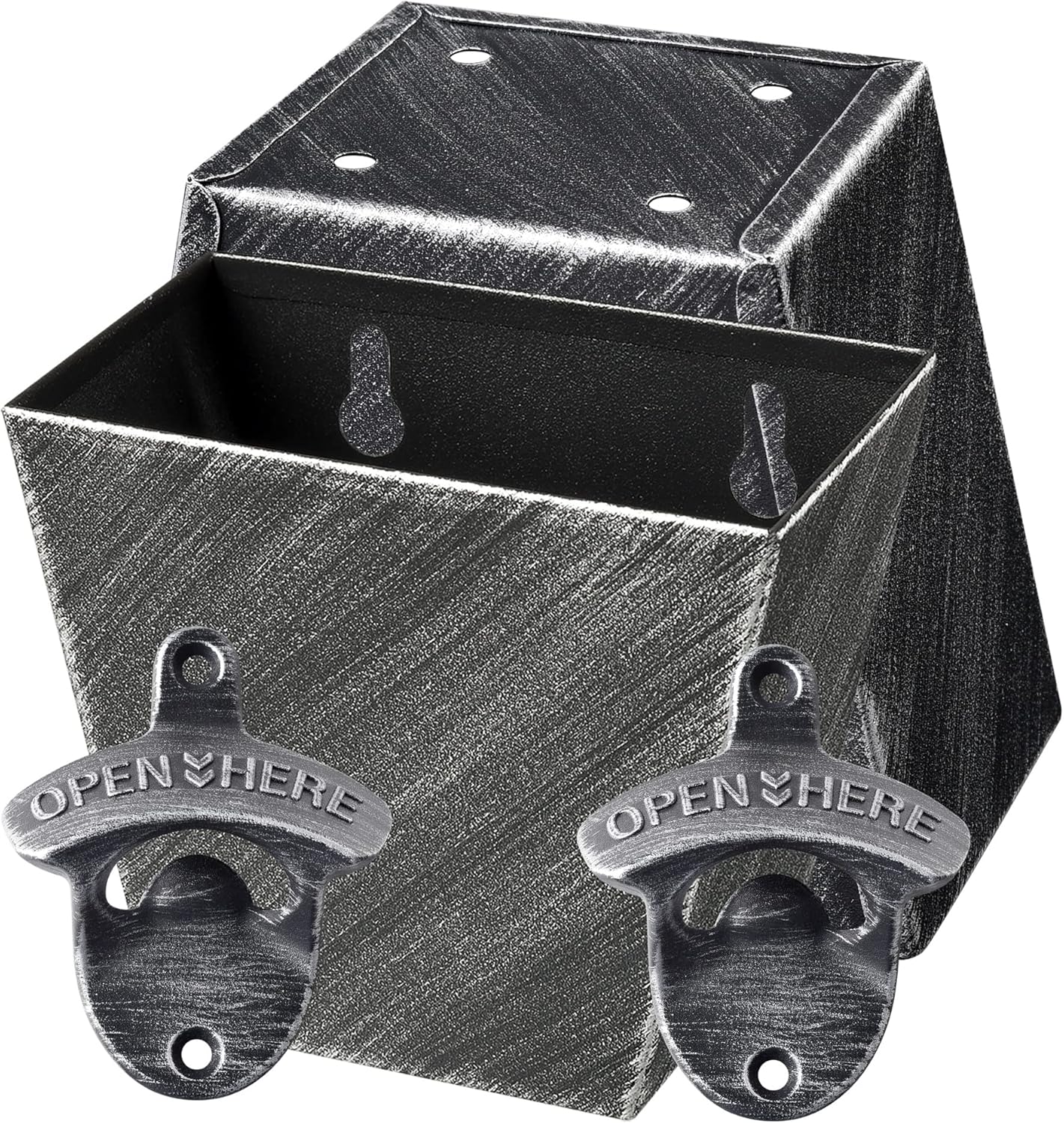 Antique Silver Beer Bottle Opener Wall Mounted Soda Bottle Cap Opener with Cap Catcher Holder Drainage Mountable for Wooden Table Cooler Post (Pack of 2)