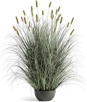 FloraFairy 4ft Onion Grass, Artificial Plant and Greenery, Fake Floor Plants Indoor Outdoor, Potted Faux Green Bristlegrass with Spikes, Large Size Horsetail Reed Grass, House Decorative