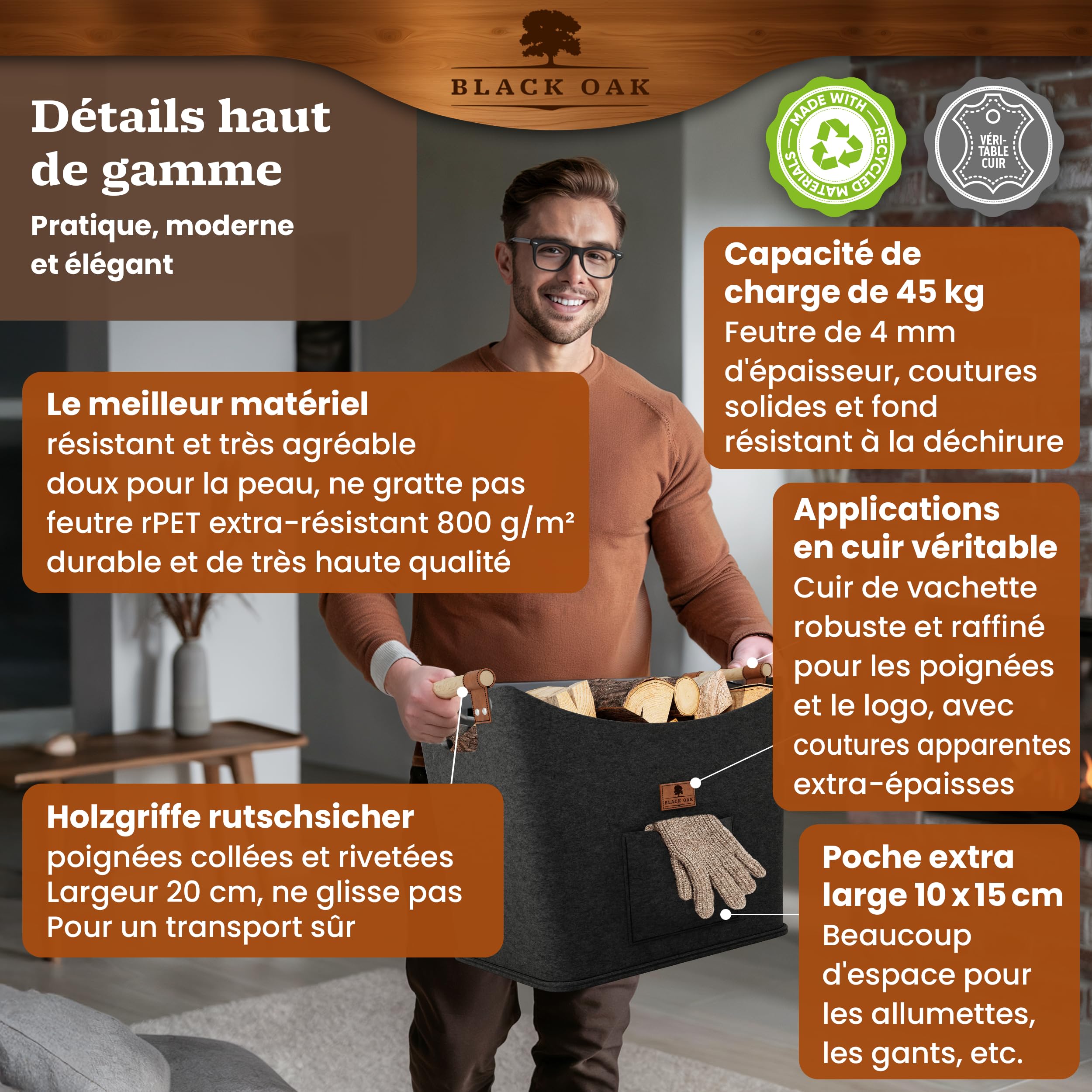 BLACK OAK Montana XL Panier en feutre et bois pour bois de chauffage, cuir véritable, poignées larges, poche avant extra grande, pliable