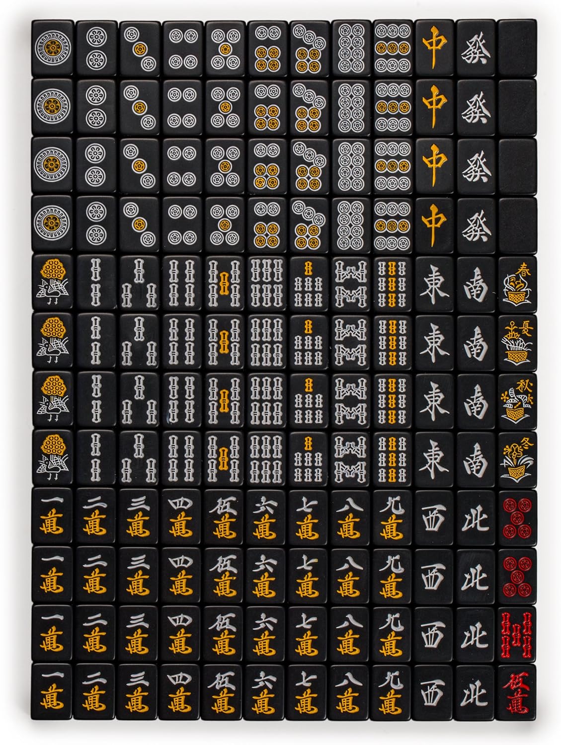 Yellow Mountain Imports Japanese Riichi Mahjong Set - Black Standard Size Tiles and Vinyl Case - with East Wind Tile, Set of Scoring Sticks, & Dice