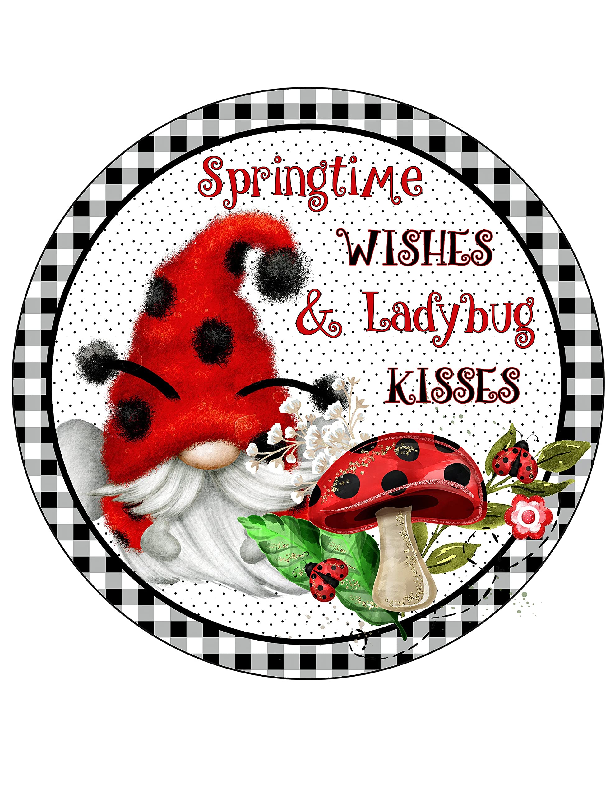 Retro Metal Tin Sign 12 X 12 Inches Springtime Wishes & Ladybug Kisses Gnome Sign Wishes and Kisses Sign Mushroom Sign Spring Wreath Attachment Summer Door Decor Round Metal Wreath Sign Home Decor