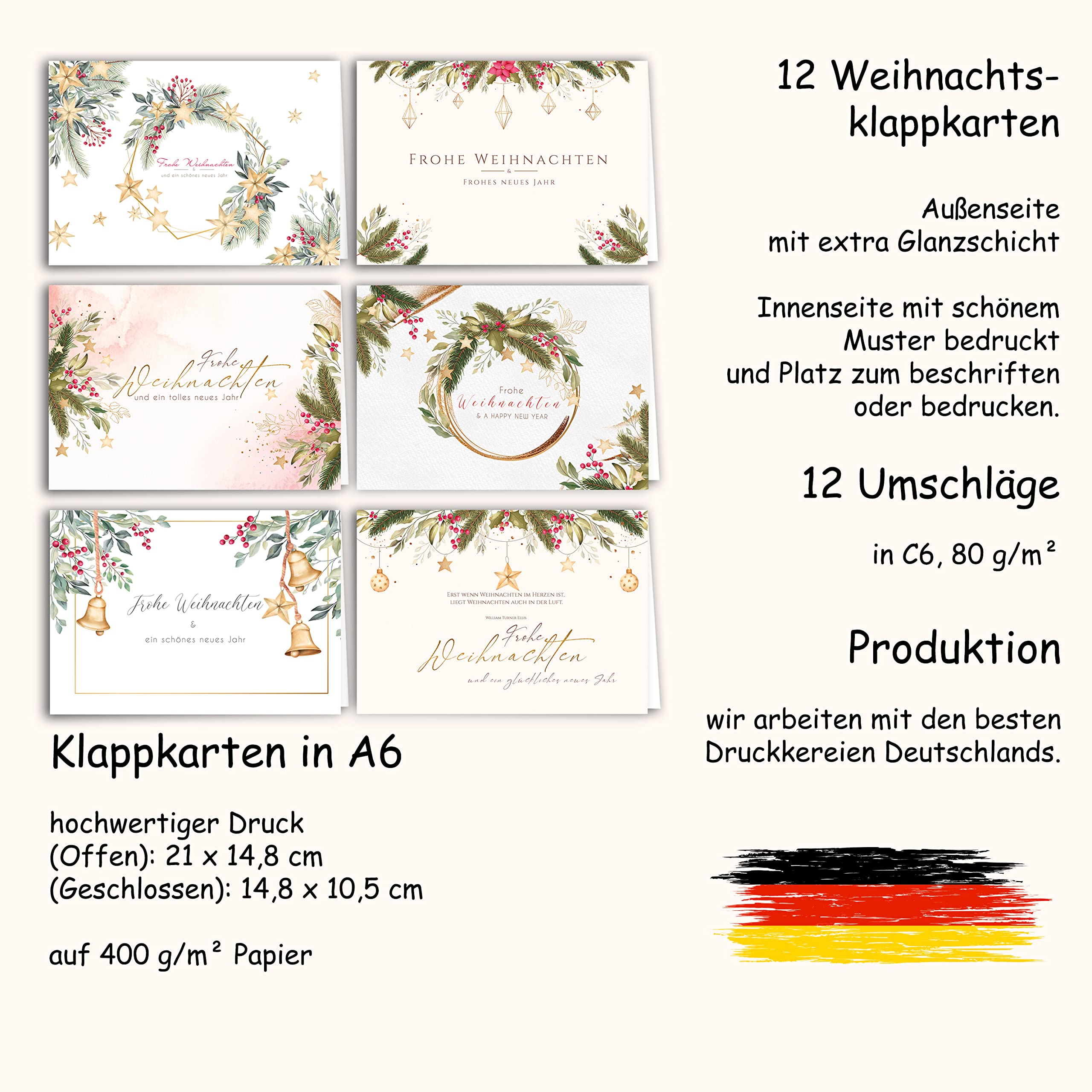 12 Weihnachtskarten Set Klappkarten mit Umschlägen Karte Karten Umschlag glanz Frohe Weihnachten Merry Christmas xmas grün gezeichnet Aquarell modern zart Geschenk (Packung mit 4)