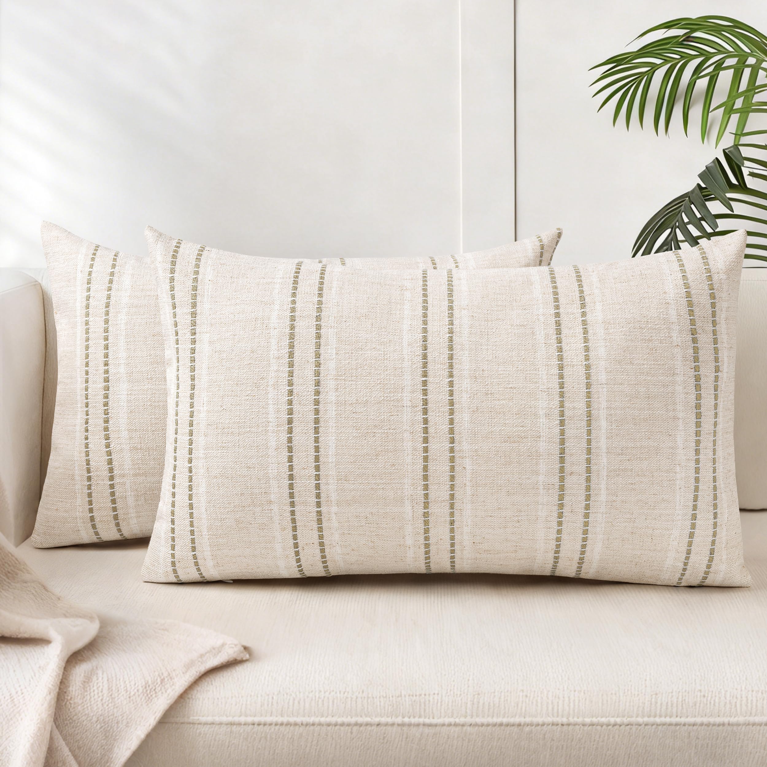 AELS 12x20 Decorative Farmhouse Linen Throw Pillow Covers, Boho Textured Pillow Case, Set of 2, Beige with White & Brown Stitch Yarn Dyed Stripe Cushion Cover for Sofa Couch Living Room (Cover ONLY)