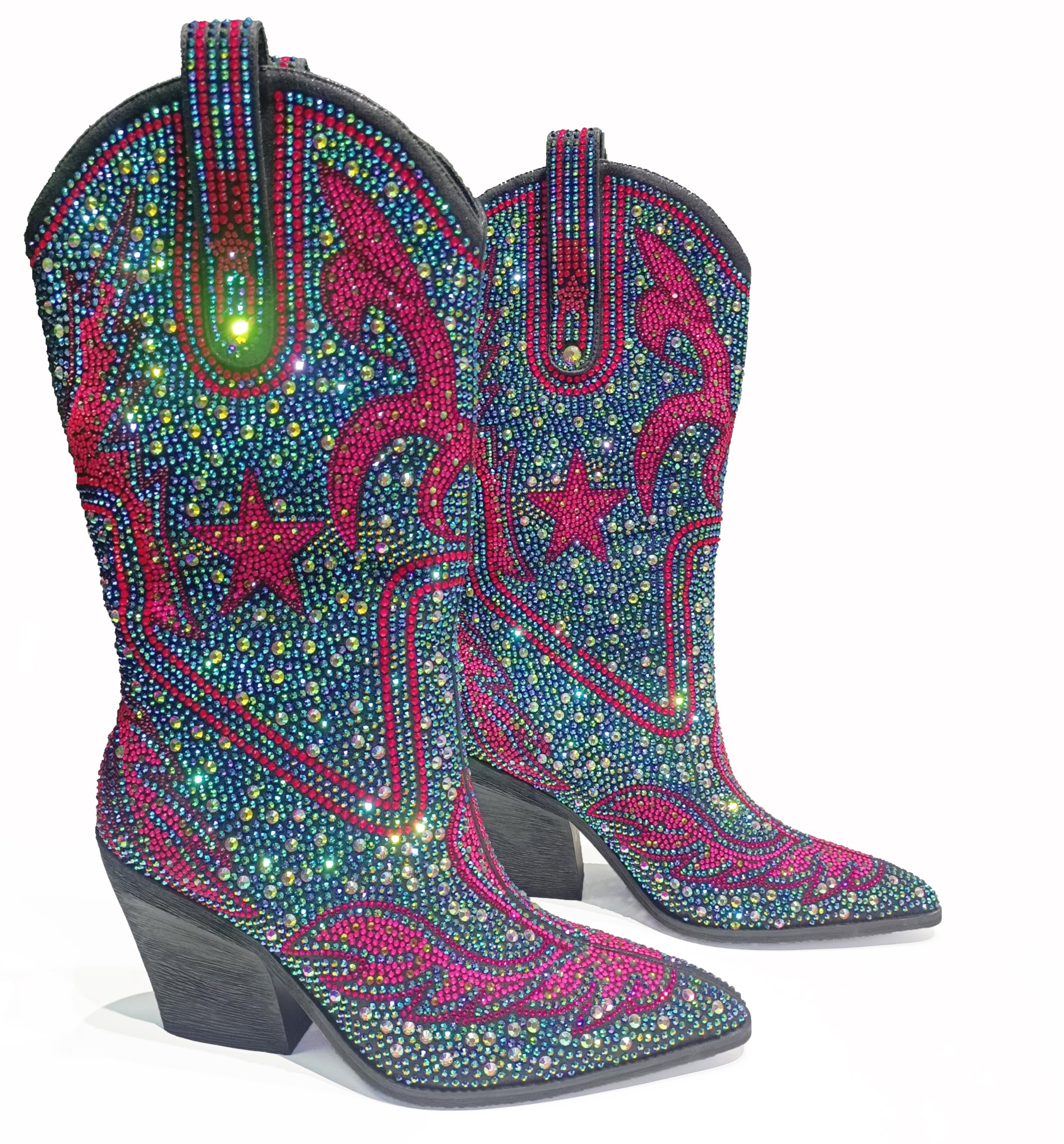Womens Multi-Color Patterned Rhinestone Western Cowboy Boots - Mid-Calf 9 CM Block Heel Slip-On Bling Party