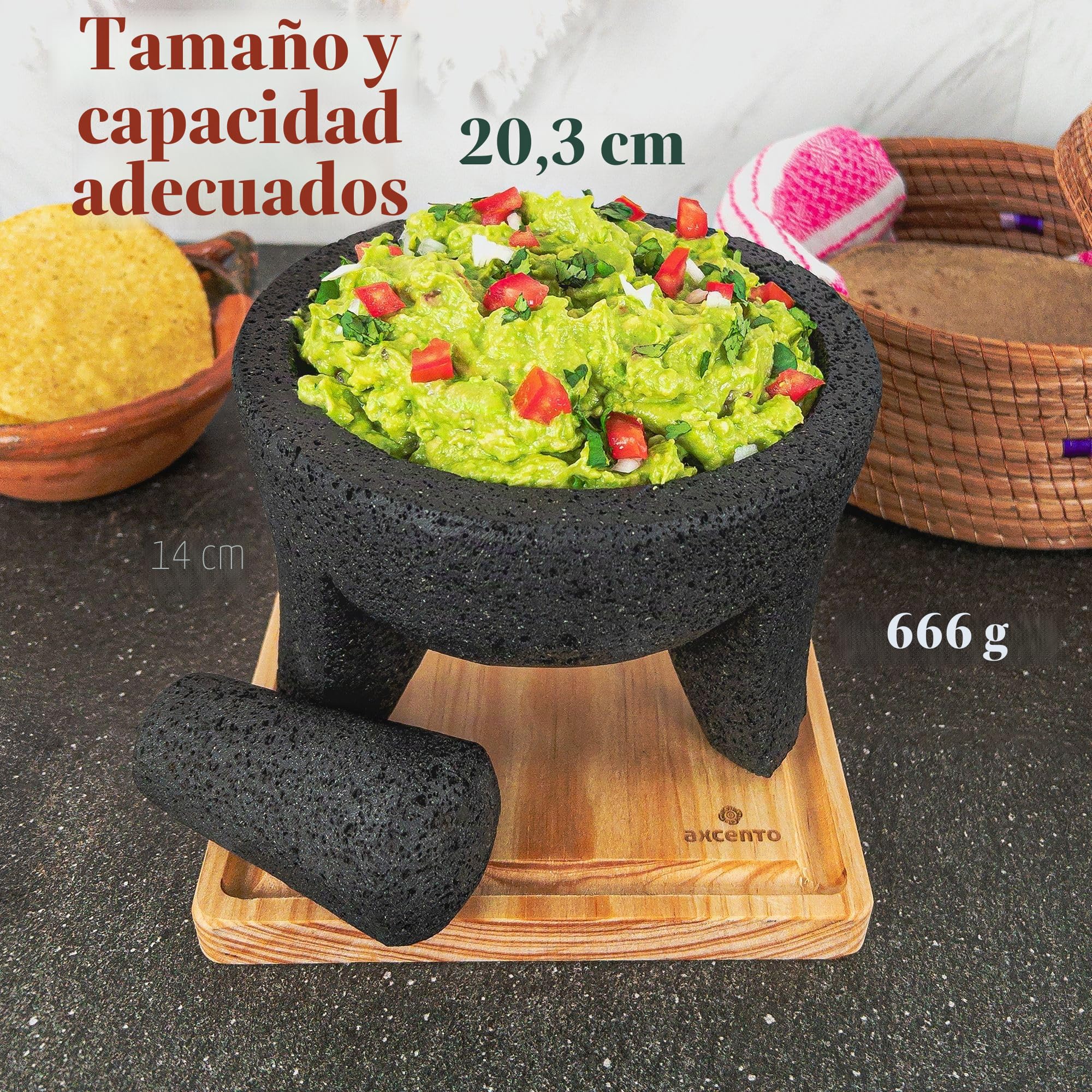 Juego de mortero y pilón de roca volcánica tradicional molcajete mexicano, hecho a mano de auténtica roca de lava en Puebla, México, cuenco para guacamole, tabla de cortar incluida, molcajete bowl de