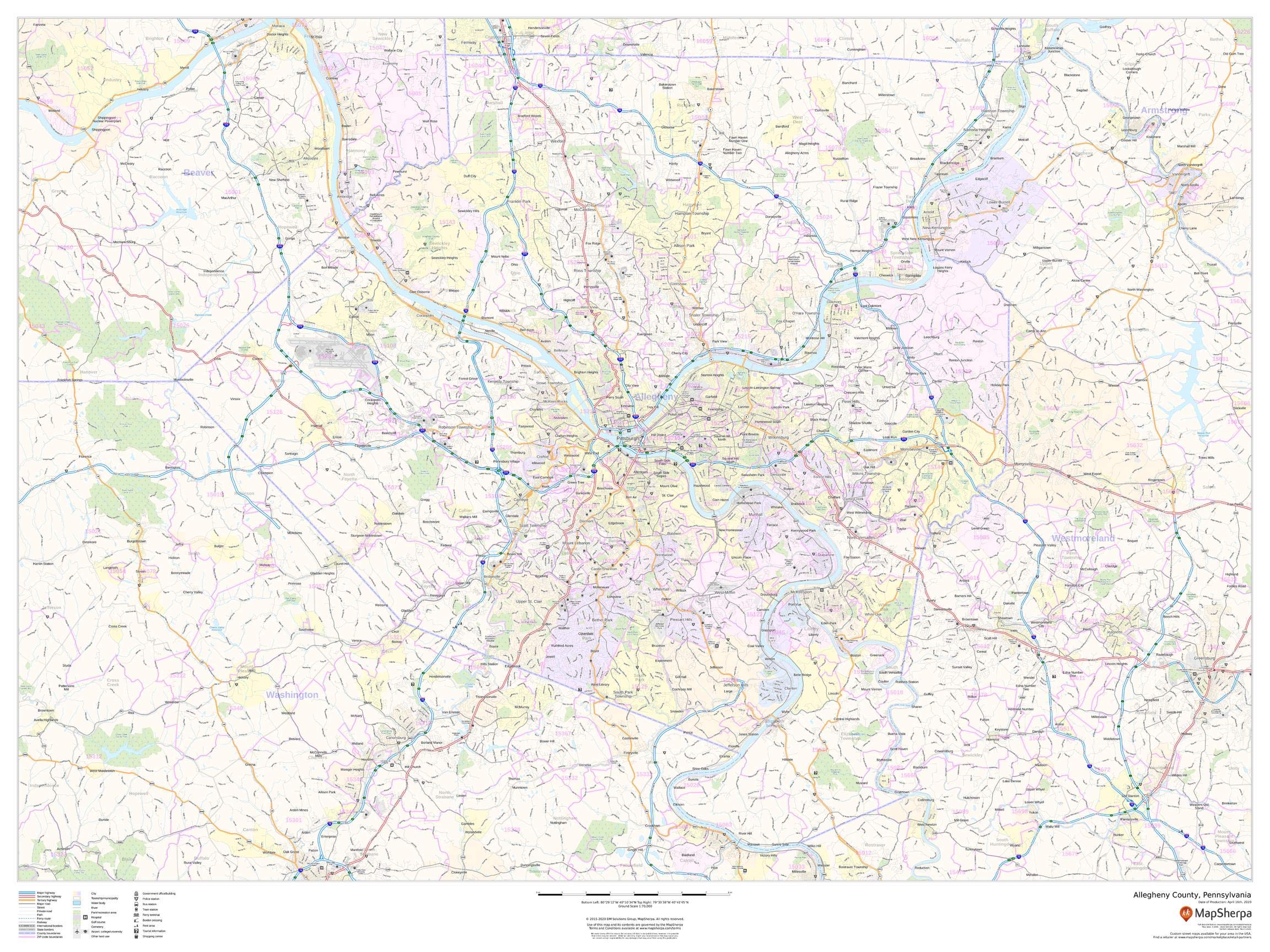 Allegheny County, Pennsylvania - 48" x 36" Laminated Wall Map