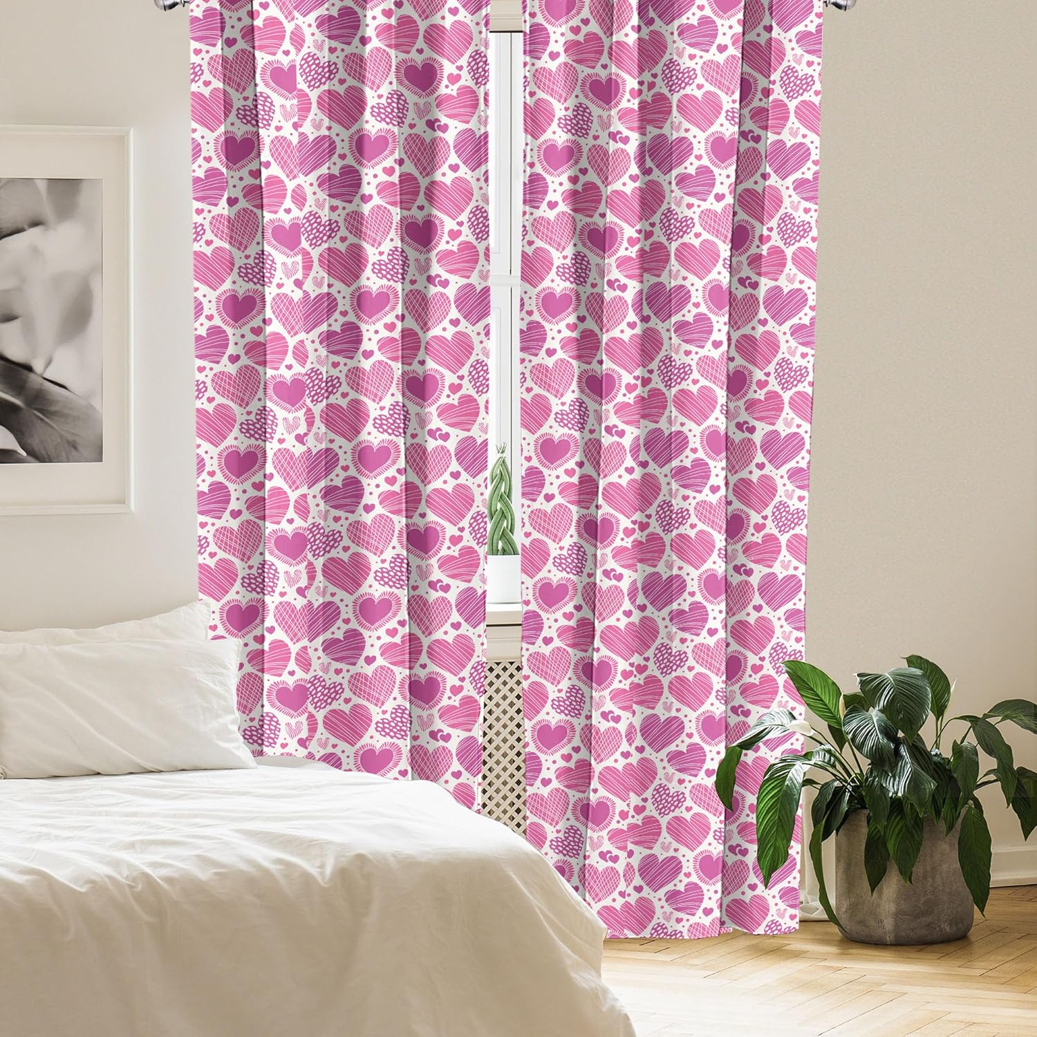 Ambesonne Valentines Window Curtains Pack of 2, Romantic Heart Shapes with Many Different Designs Polka Dots Crossed Lines, Lightweight Set with Rod Pocket, 4 Panels of - 28" x 63", Pink White