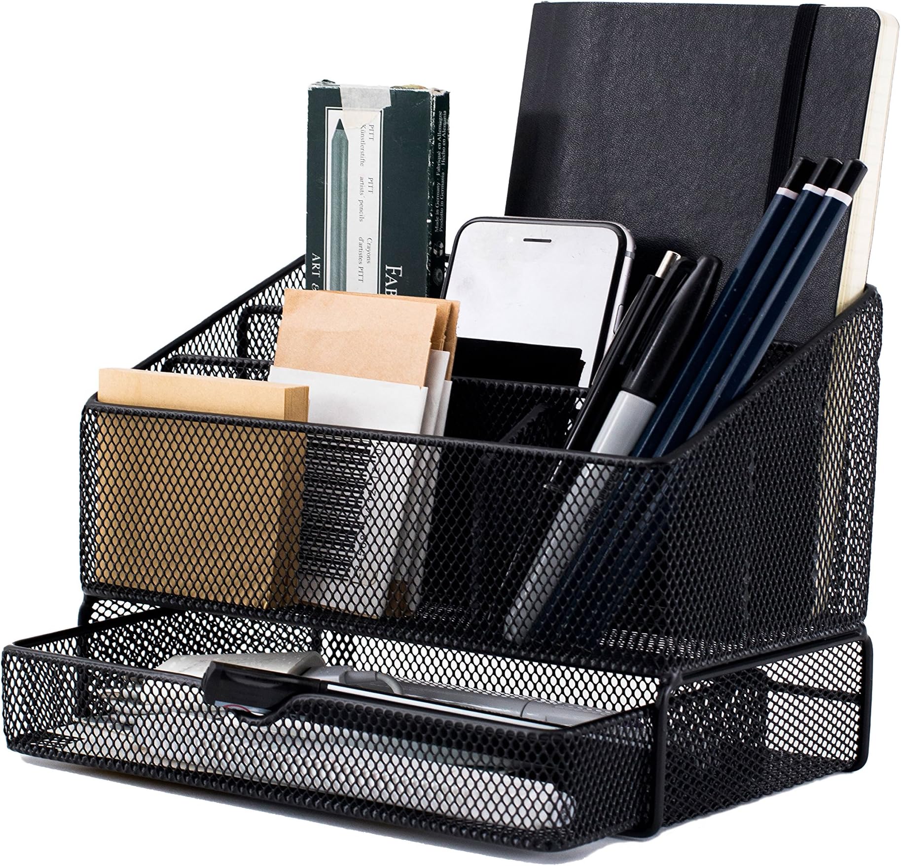 Desk Caddy Organizer with a Sliding Drawer for Files and Office Supplies, 3 Letter Sorters, and a Phone, Pen and Pencil Holder - Black Mesh Desk Organizer for Office, Home or Dorm Room