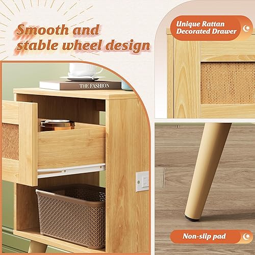 Miniatura 6 de WLIVE Mesita de noche de ratán con estación de carga, mesita de noche bohemia, mesa auxiliar de dormitorio pequeña, mesa auxiliar con cajón y