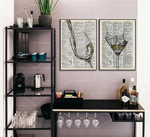 Miniatura 7 de 3 piezas de arte de pared de carrito de bar, vintage, con copas de champán, fotos en blanco y negro, copas de cóctel, pinturas de diccionario de