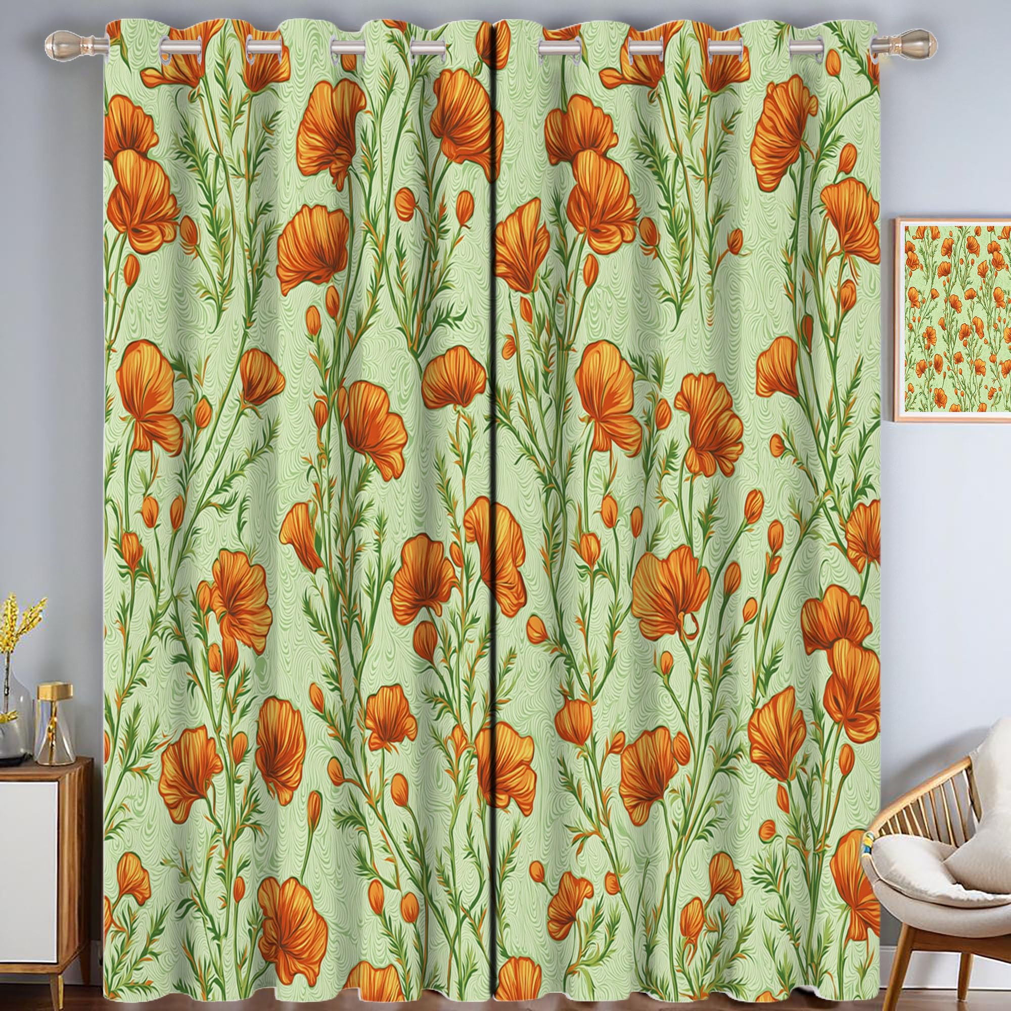 Rideaux motif orange coquelicots vert clair 140x175 cm | Lot de 2 panneaux occultants