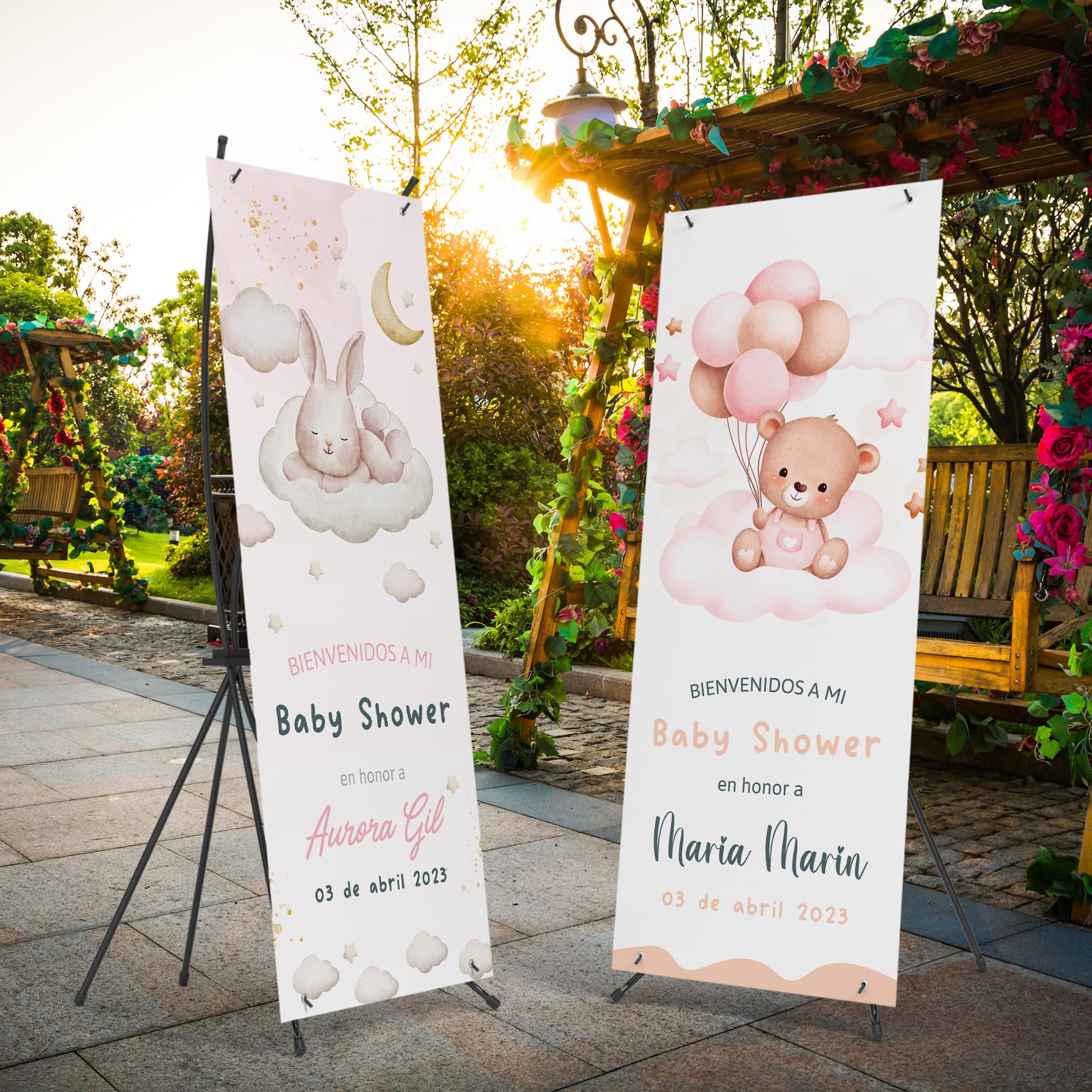 Decoración Baby Shower Niña y Niño | Photocall con Fecha y Nombre del Futuro Bebé Personalizables - Fiesta de Revelacion Sexo Bebe (Modelo 2)