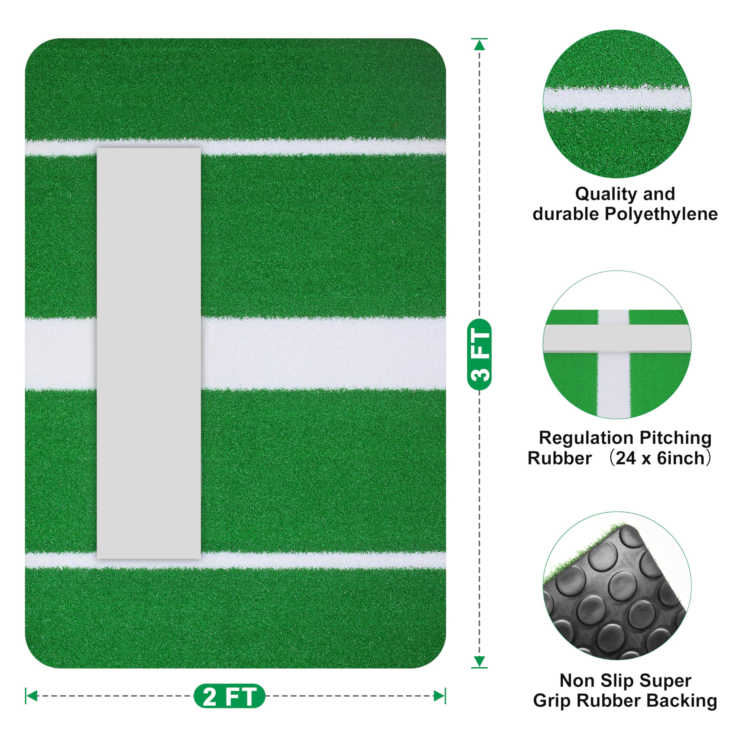 Mini Softball Pitching Mat with Regulation Softball Pitching Rubber and Powerline Non-Slip Rubber Backing for Indoor Outdoor Pitching Practice by Softball and Baseball Pitchers 3' X 2' - Green