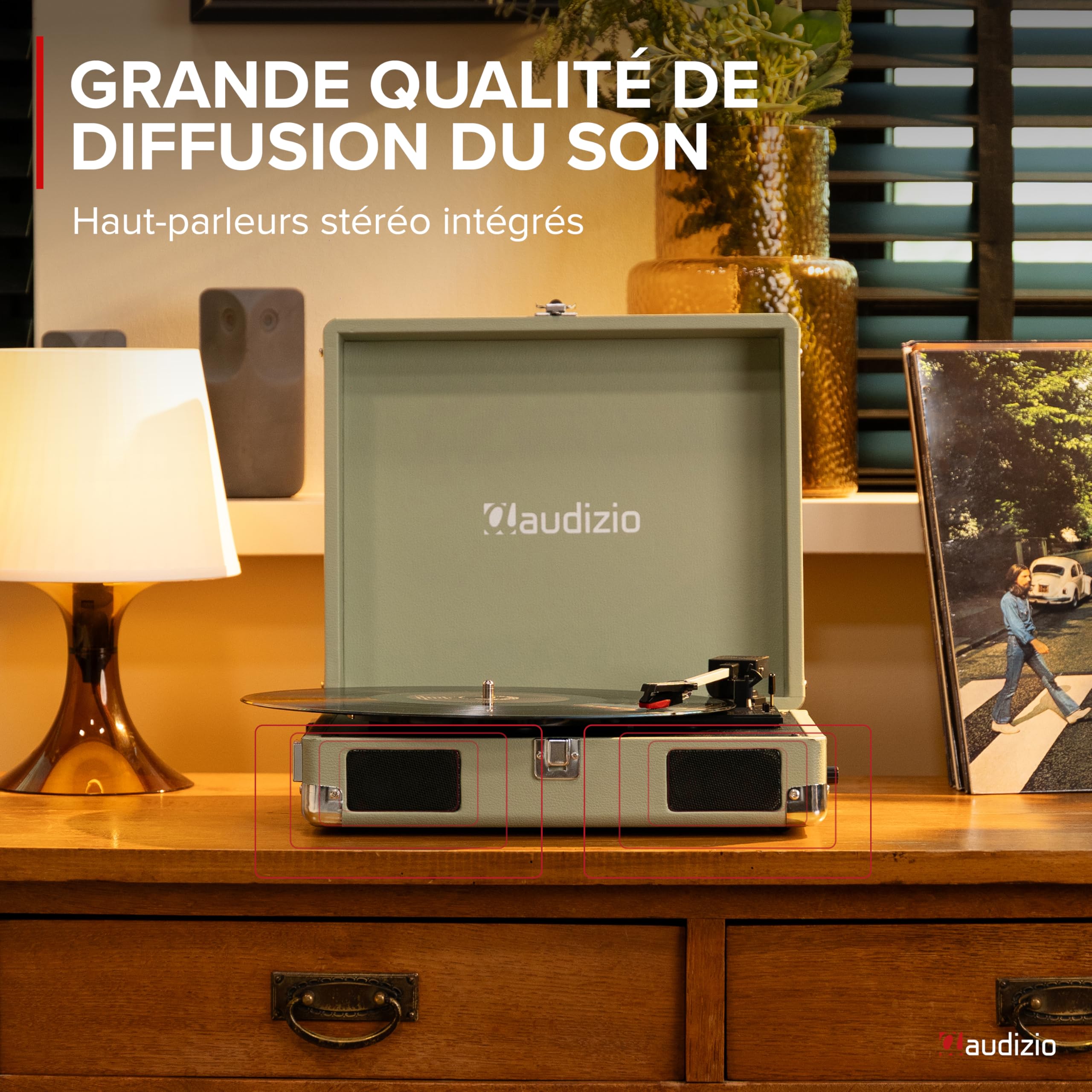 Audizio RP111W Platine Vinyle Valise Rétro Bois Vert avec Haut-Parleurs Intégrés, 3 Vitesses 33, 45, 78 Tours, Sortie RCA et Casque, Portable, Idéale pour Écouter Ses Vinyles Partout