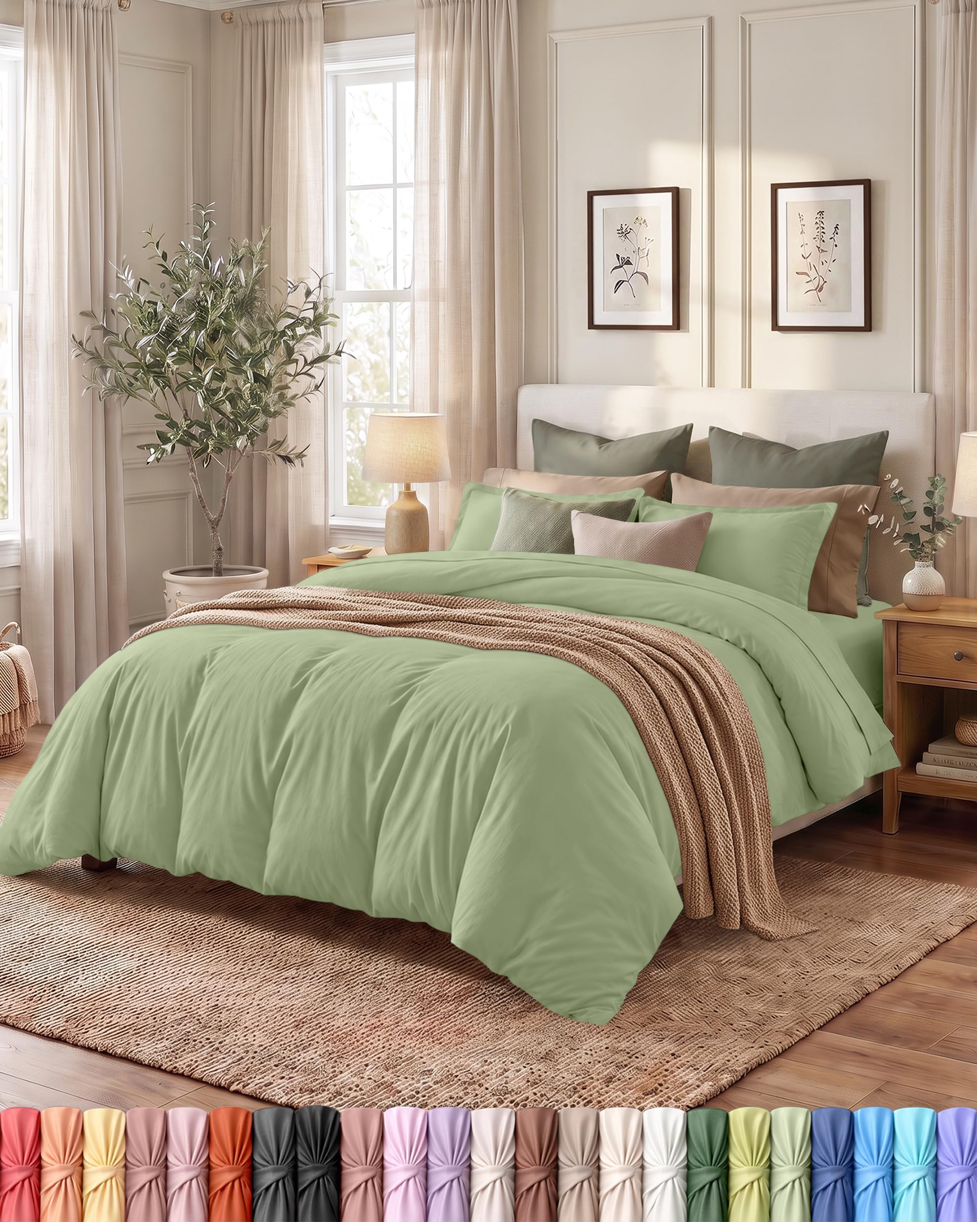 Duvet Cover King, 3 Piece Cotton Like Polyester With Zipper Closure, Sage