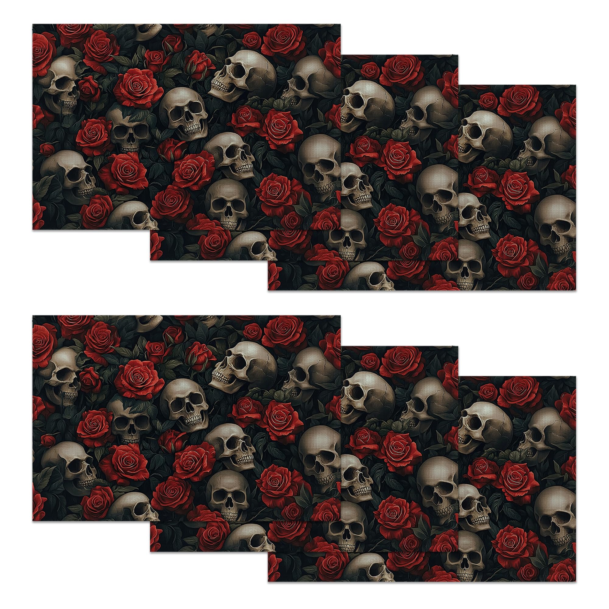 Placemats Set of 6,Skull Washable Table Mats for Dining or Coffee Table,Rose Red Heat Resistant Non-Slip Place Mats for Home Party 12"x18" โ image 1