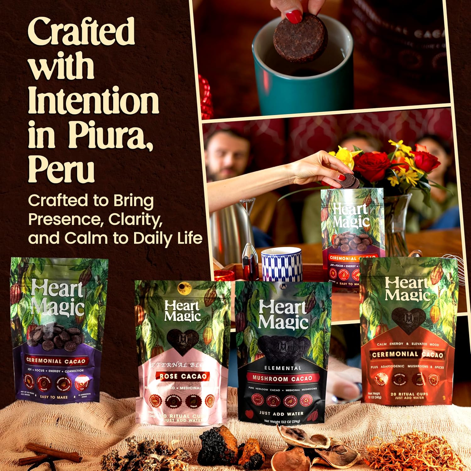 Heart Magic Pure Ceremonial Cacao Discs | Pure Cacao Paste | Smooth, Rich Drinking Chocolate | Easy-Melt Pieces for Daily Ritual & Energy | Caffeine & Coffee Alternative