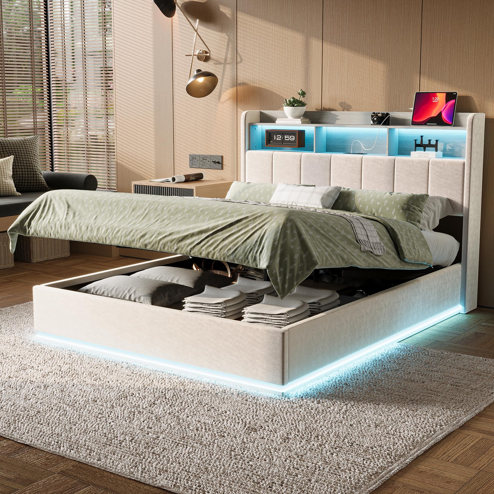 KeepGoon Letto matrimoniale contenitore 160x200 cm, letto imbottito in velluto bianco con rete a doghe, sollevamento idraulico, testiera con vani, LED e USB