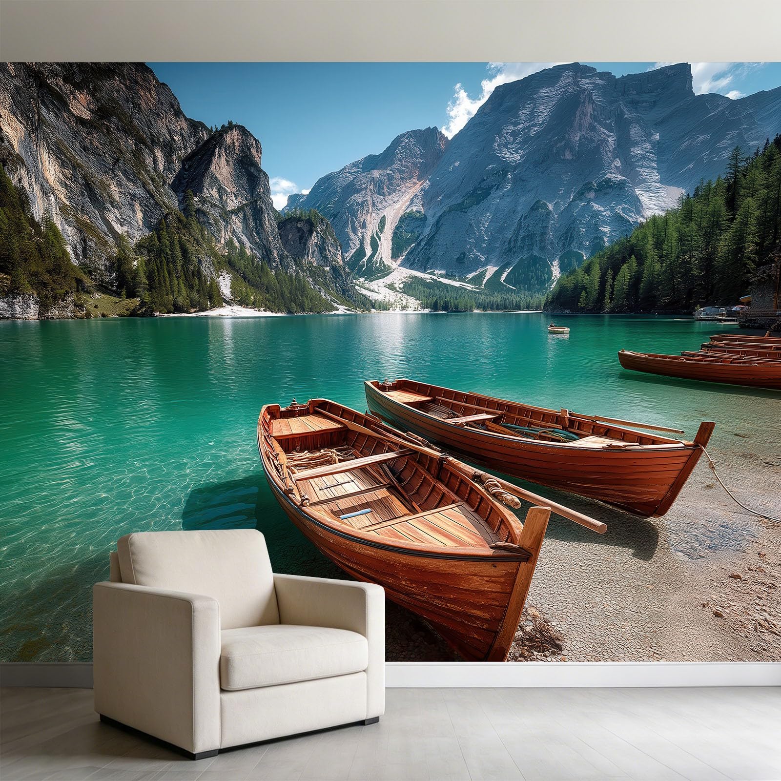 Papier peint panoramique chambre salon lagune montagne bateau bois