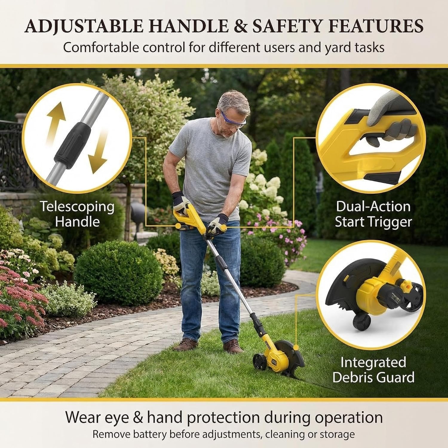 20V Cordless Lawn Edger, Brushless Battery Powered Edger Lawn Tool with 9-Inch Steel Blade, 4.0Ah Battery & Charger, 3 Depth Settings, Adjustable Handle, Dual Wheels Yard Edger, Yellow