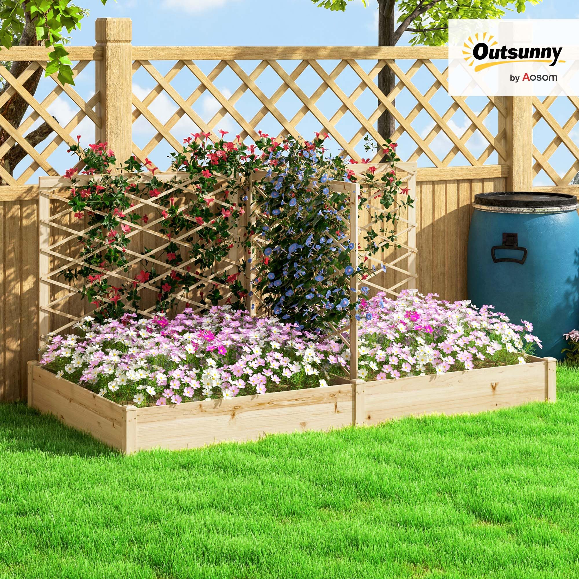 Outsunny Jardinière extérieure avec 3 Treillis modulable, lit surélevé de Jardin, bac à Fleurs en Bois pour Balcon terrasse Patio, 222 x 114 x 109 cm, Effet Bois Naturel