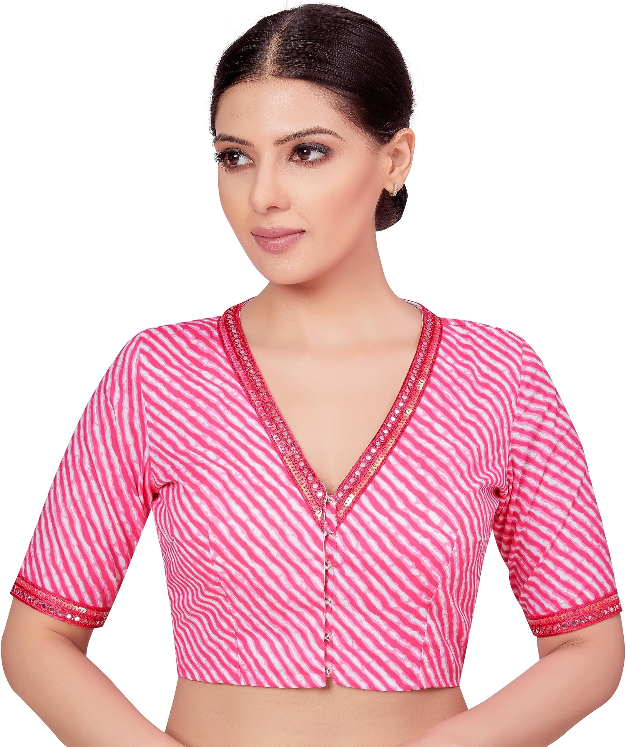 Studio ShringaarWomen's Cotton Half Sleeve Printed Readymade Saree Blouse with Mirror Work
